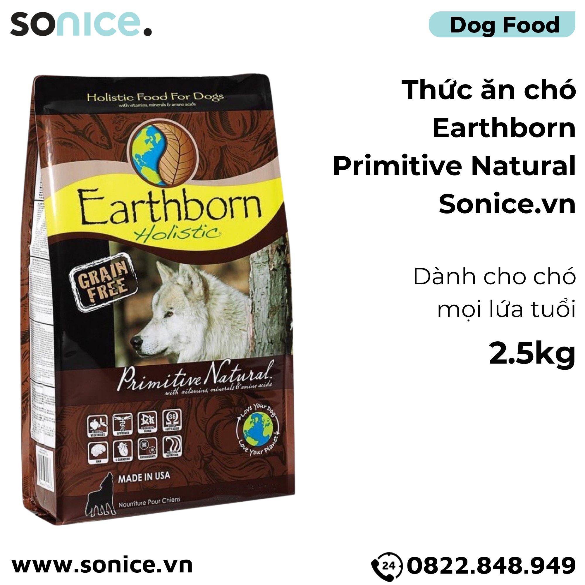  Thức ăn chó Earthborn Primitive Natural - 2.5kg dành cho mọi lứa tuổi SONICE. 