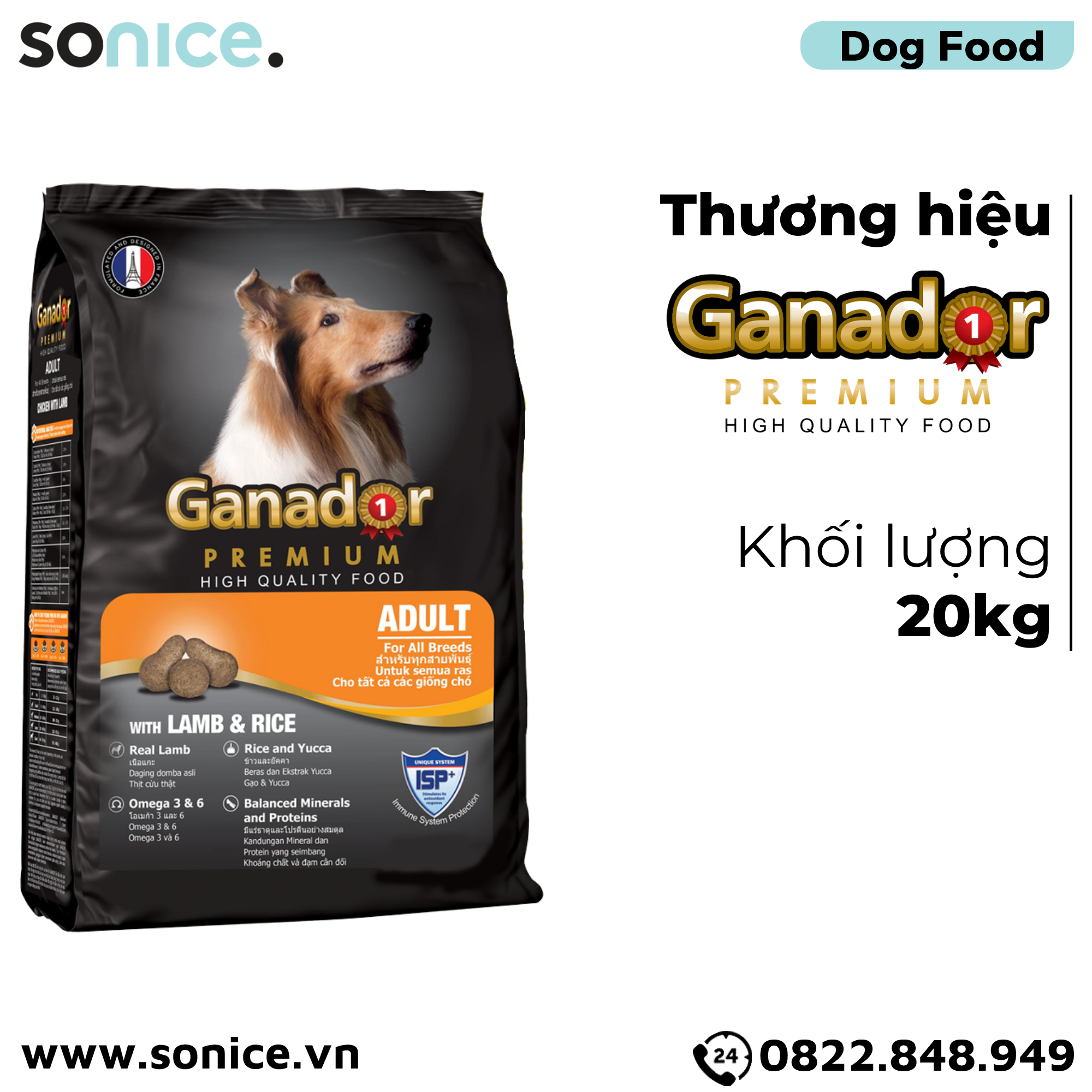  Thức ăn chó GANADOR Adult 20kg - Lamb & rice SONICE. 