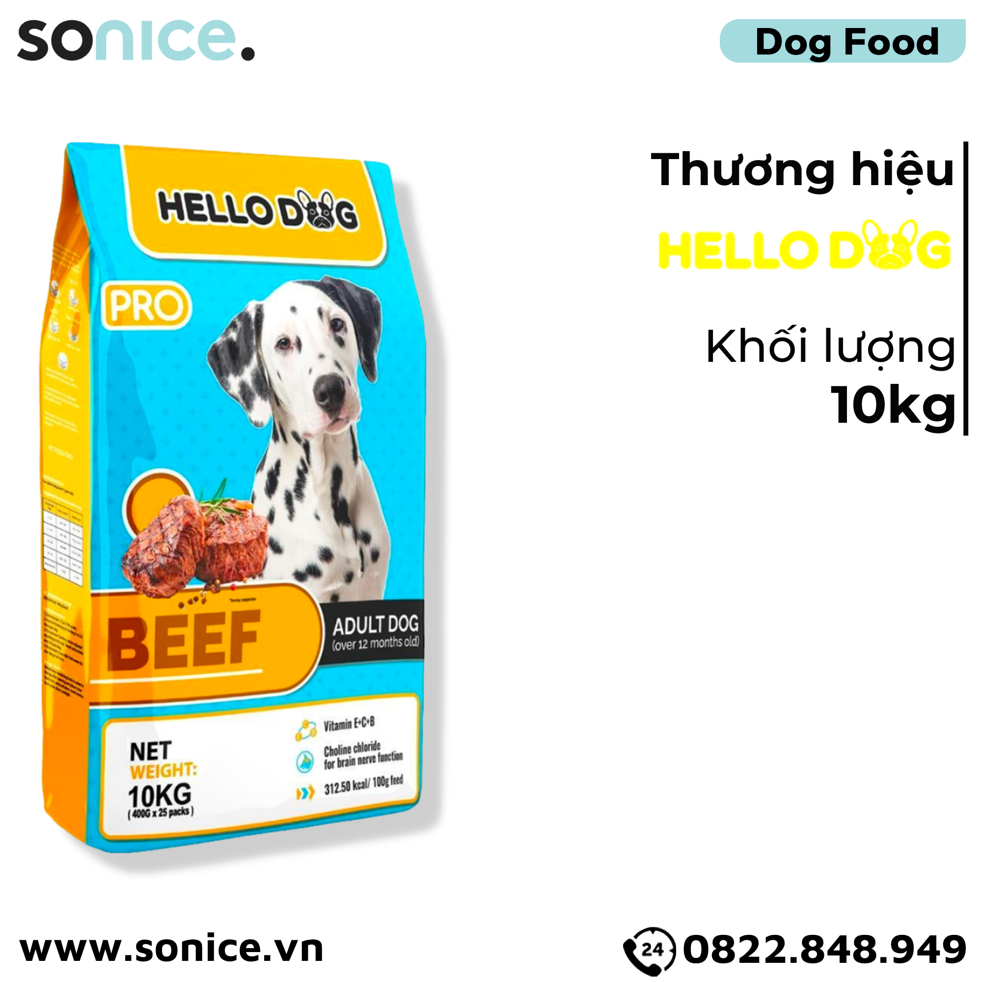  Thức ăn chó HelloDog Adult Beef Flavor 10kg - Vị thịt bò, bổ sung Vitamin E, C & B SONICE. 