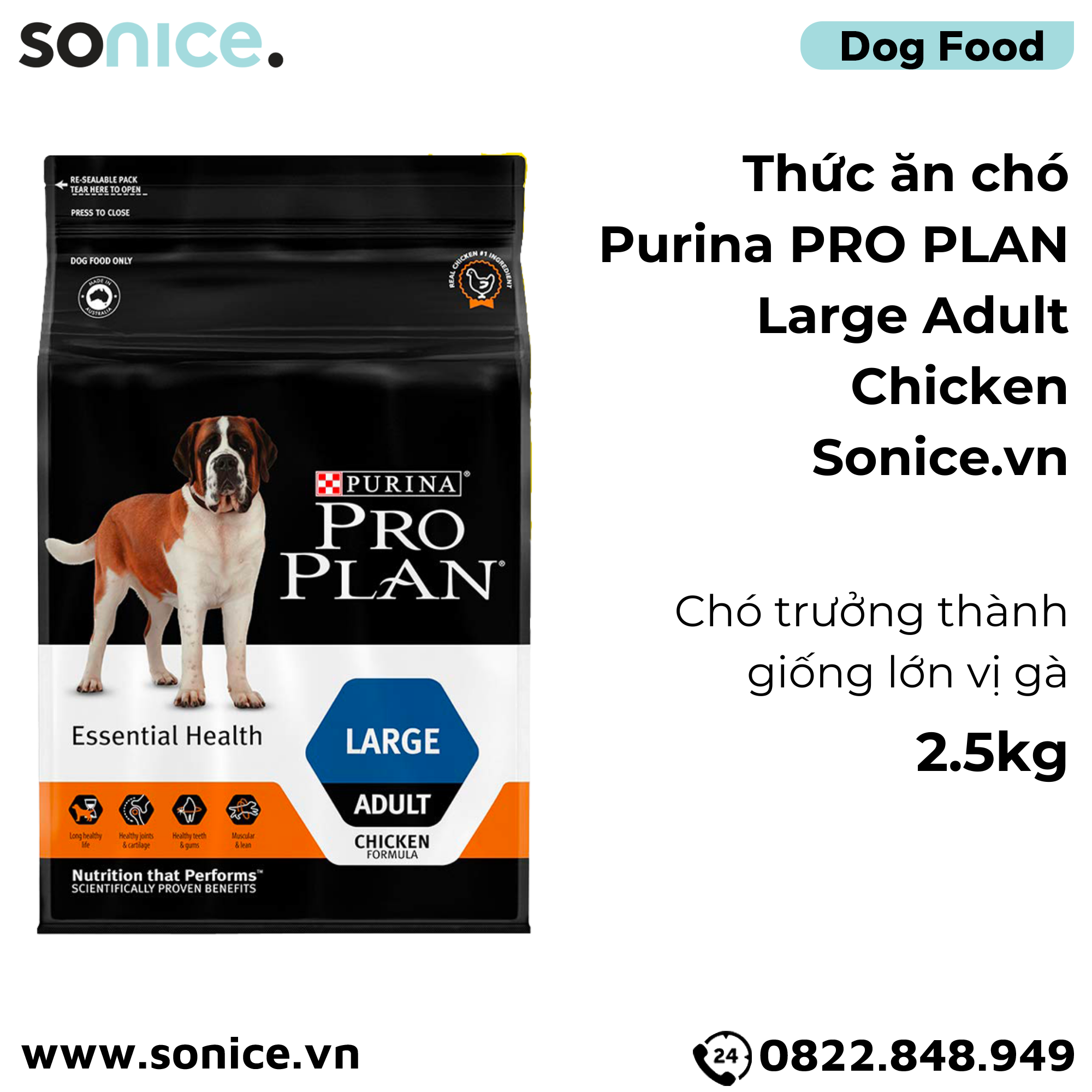  Thức ăn chó Purina PRO PLAN Large Adult Chicken 2.5kg - chó trưởng thành giống lớn vị gà SONICE. 