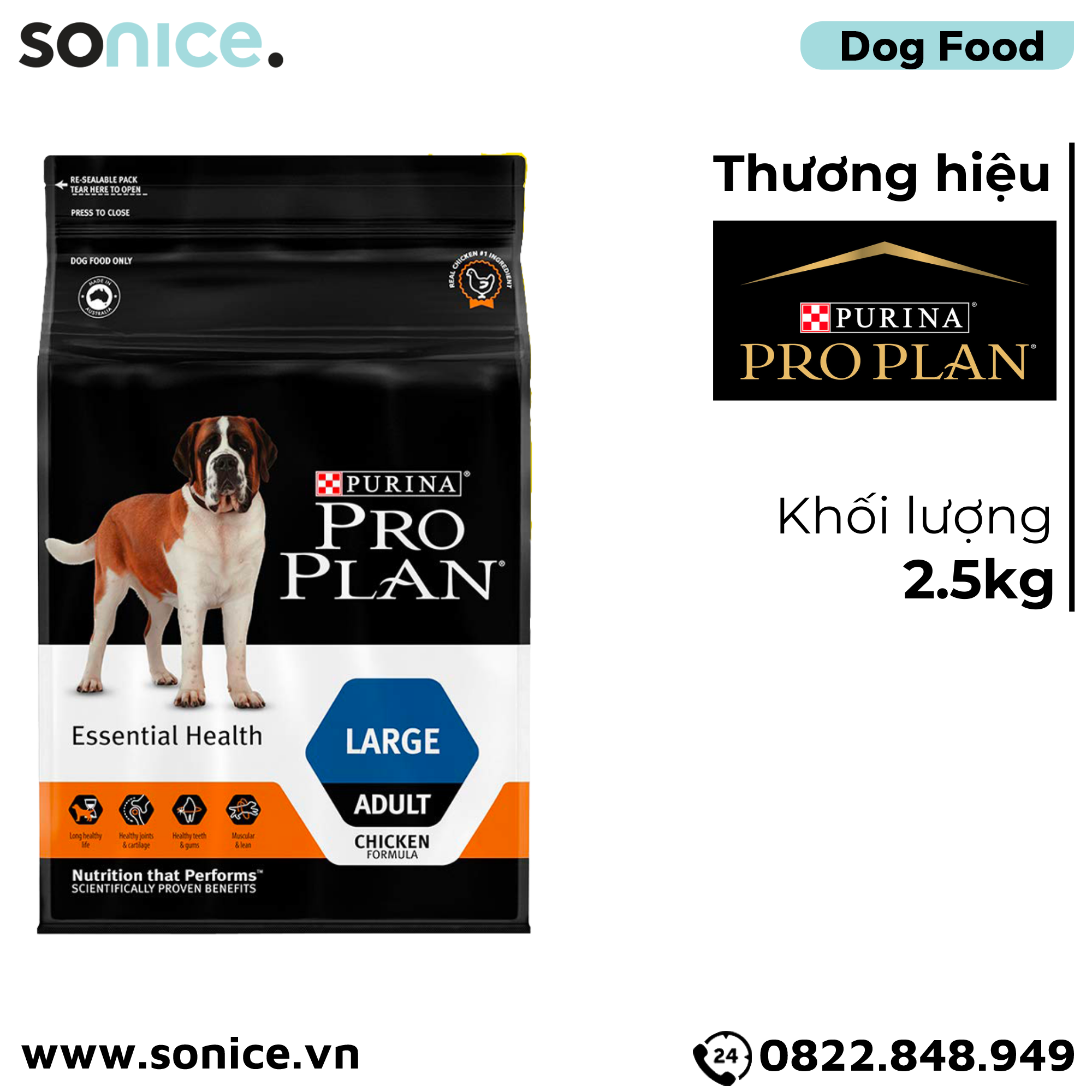  Thức ăn chó Purina PRO PLAN Large Adult Chicken 2.5kg - chó trưởng thành giống lớn vị gà SONICE. 