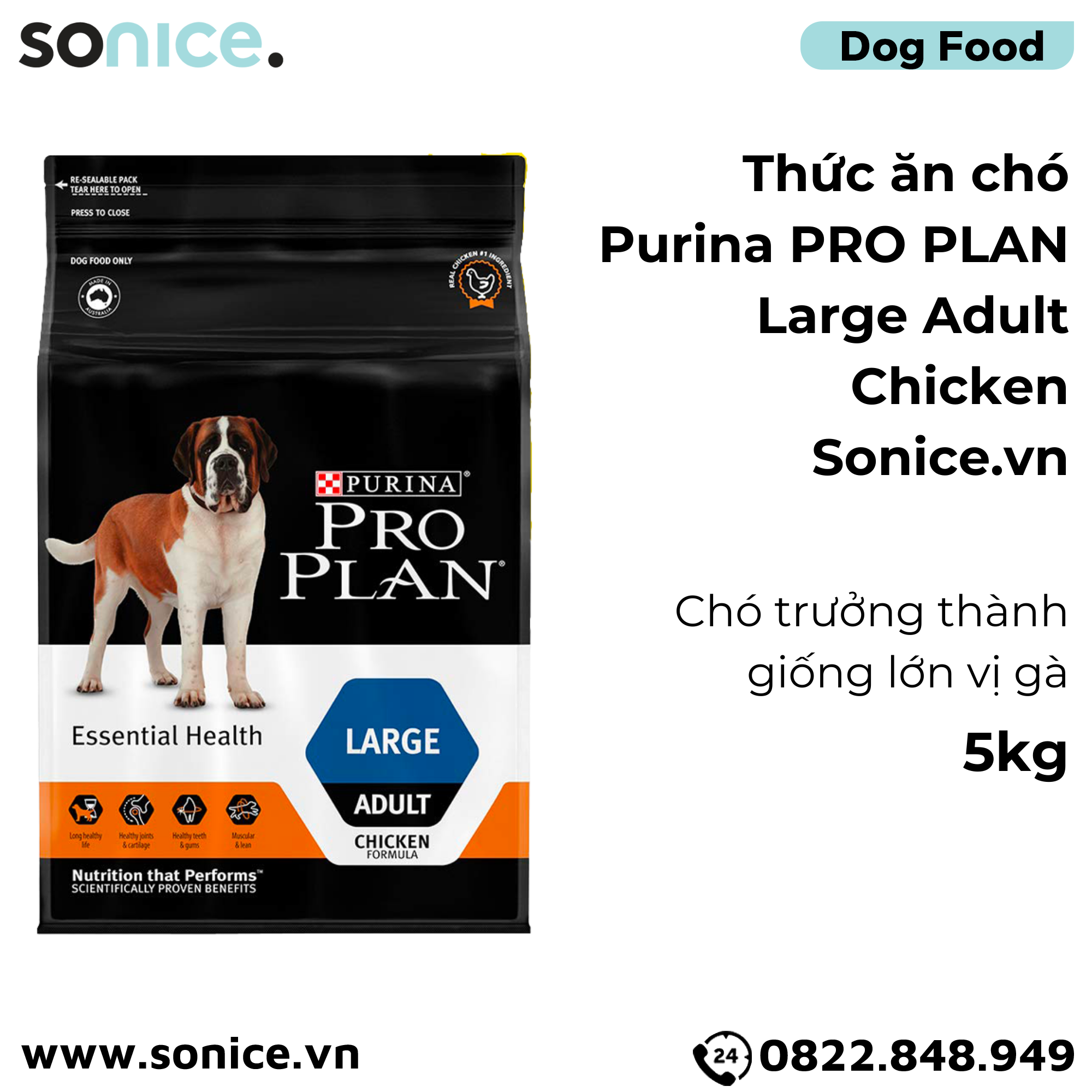  Thức ăn chó Purina PRO PLAN Large Adult Chicken 5kg - chó trưởng thành giống lớn vị gà SONICE. 