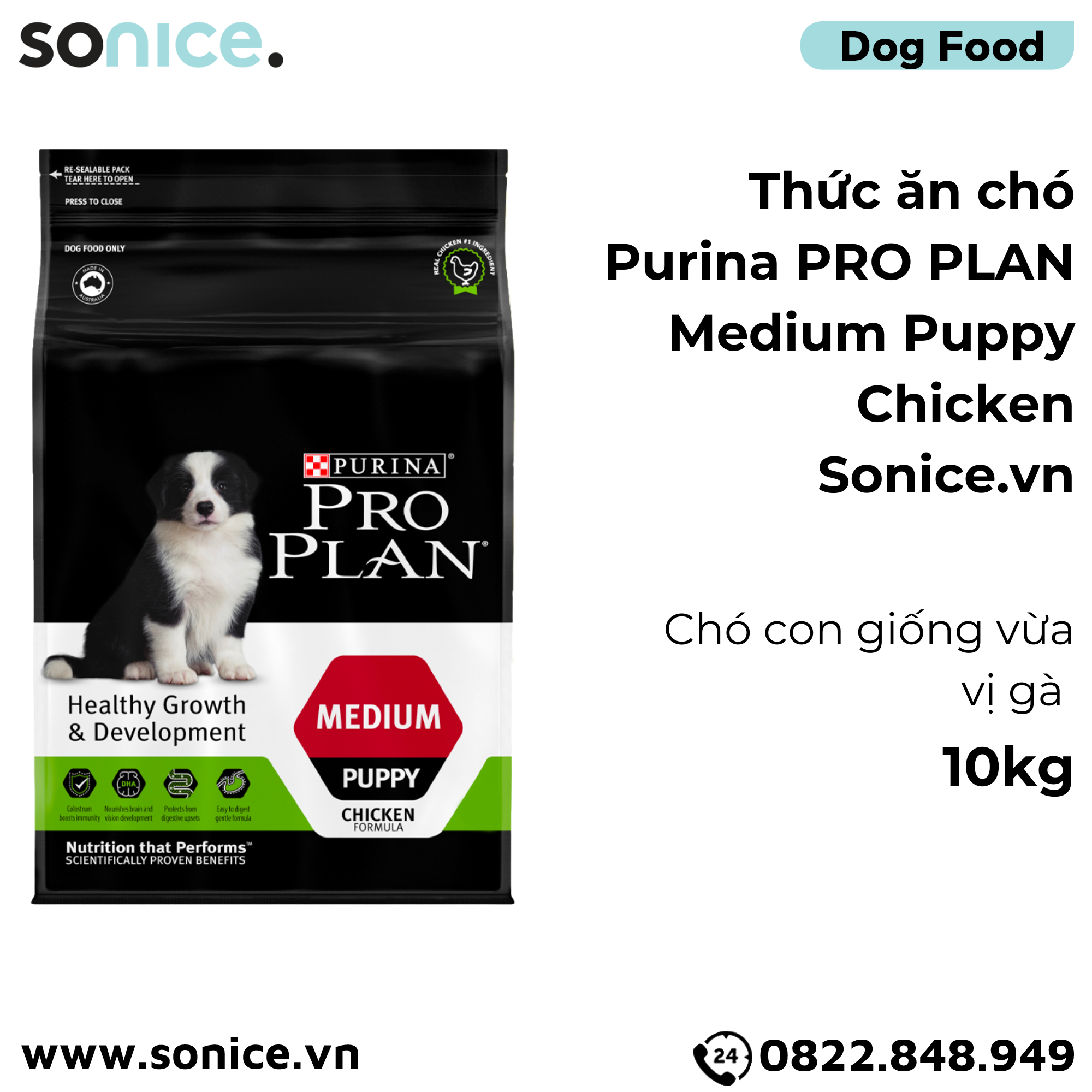  Thức ăn chó Purina PRO PLAN Medium Puppy Chicken 10kg - chó con giống vừa vị gà SONICE. 