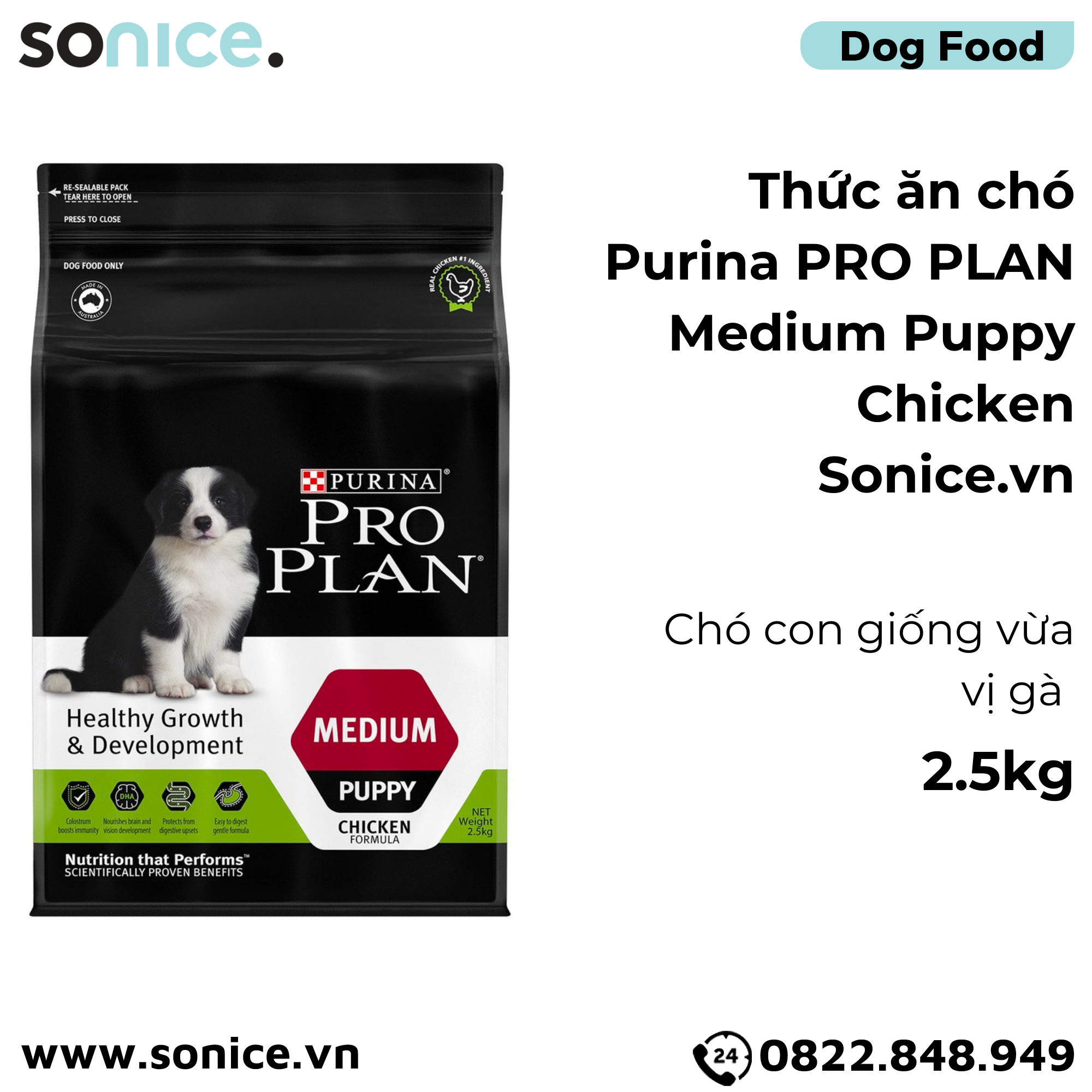  Thức ăn chó Purina PRO PLAN Medium Puppy Chicken 2.5kg - chó con giống vừa vị gà SONICE. 