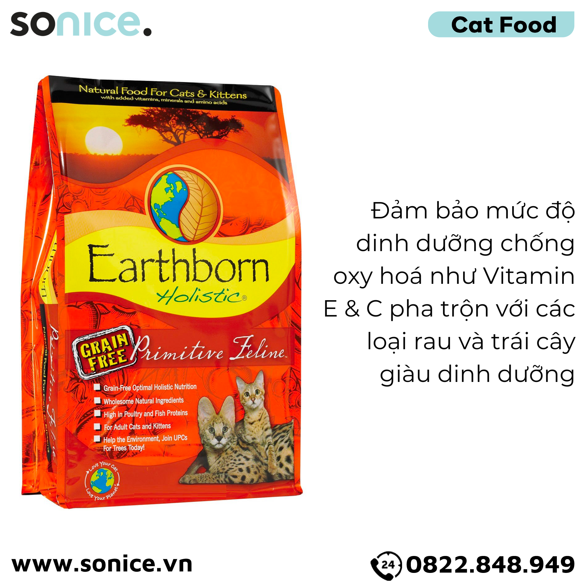  Thức ăn mèo Earthborn Primitive Feline - 2kg dành cho mọi lứa tuổi SONICE. 