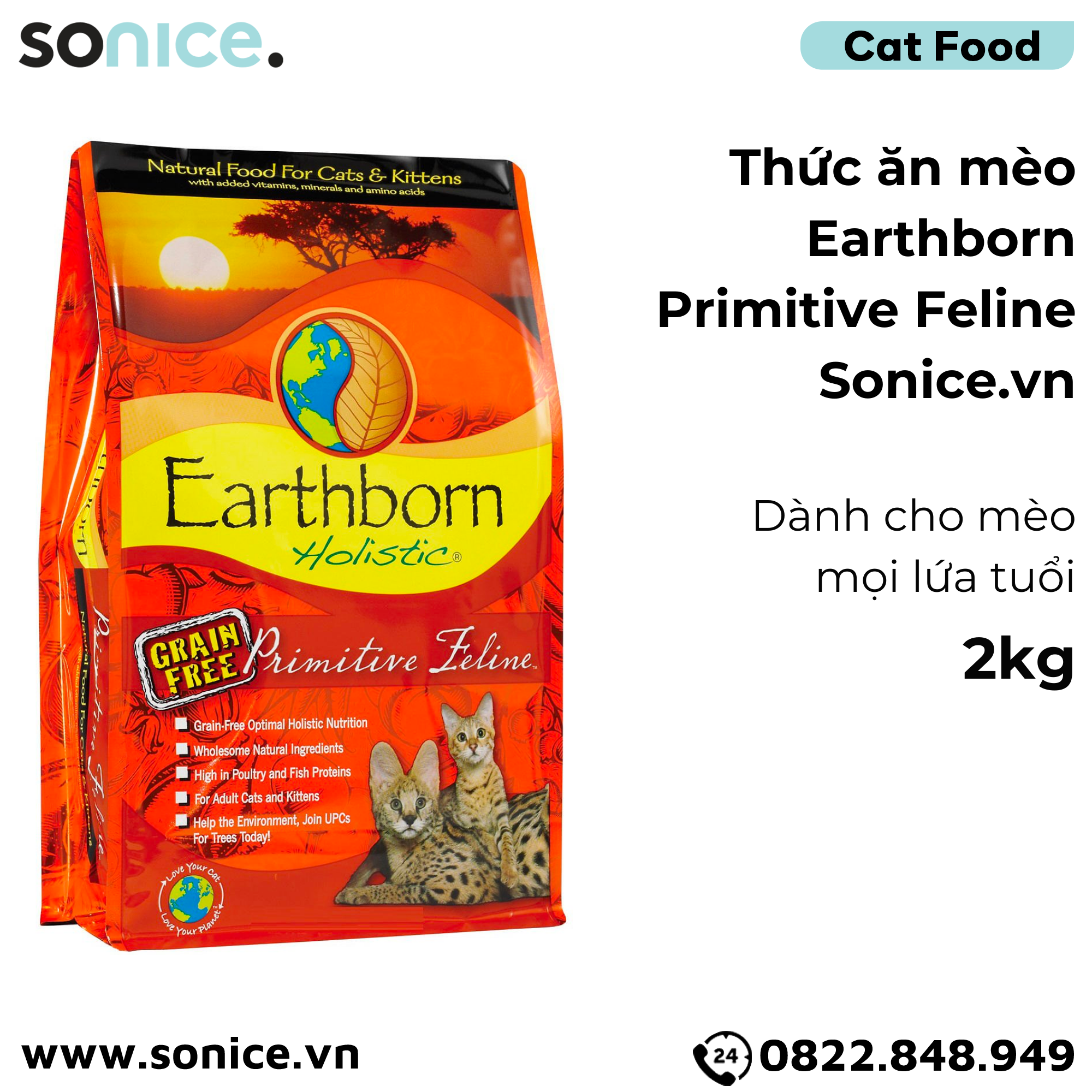  Thức ăn mèo Earthborn Primitive Feline - 2kg dành cho mọi lứa tuổi SONICE. 