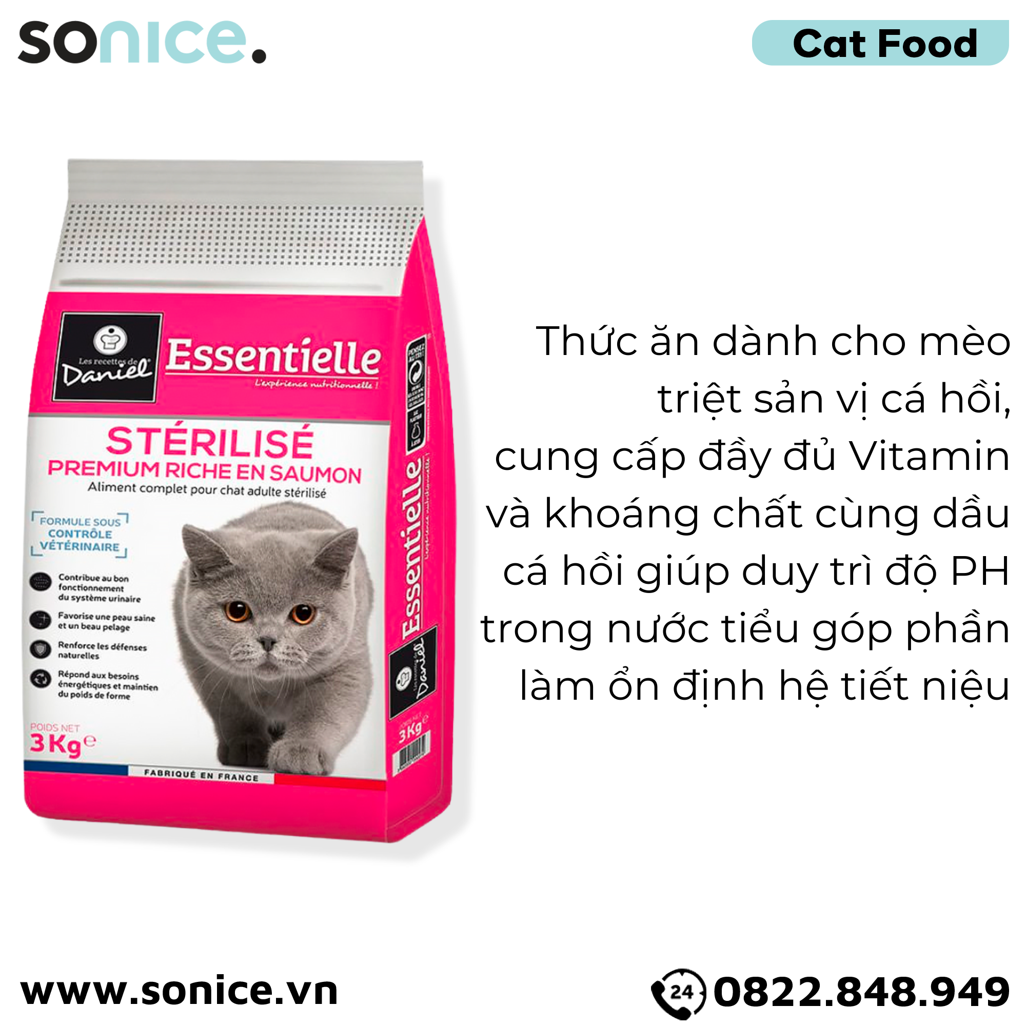  Thức ăn mèo Les recettes de Daniel Sterilised Salmon 3kg - Dành cho mèo triệt sản, vị cá hồi SONICE. 