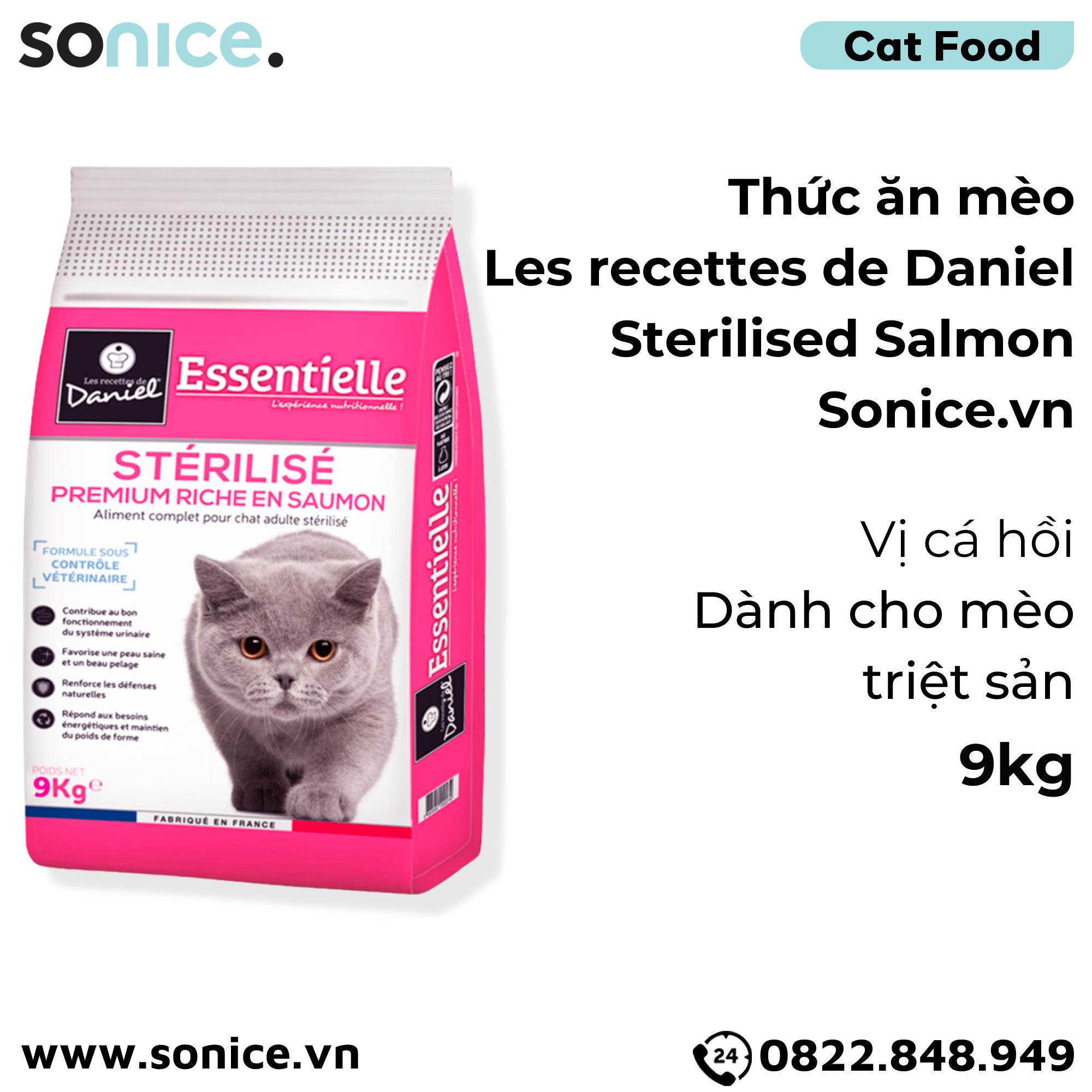  Thức ăn mèo Les recettes de Daniel Sterilised Salmon 9kg - Dành cho mèo triệt sản, vị cá hồi SONICE. 