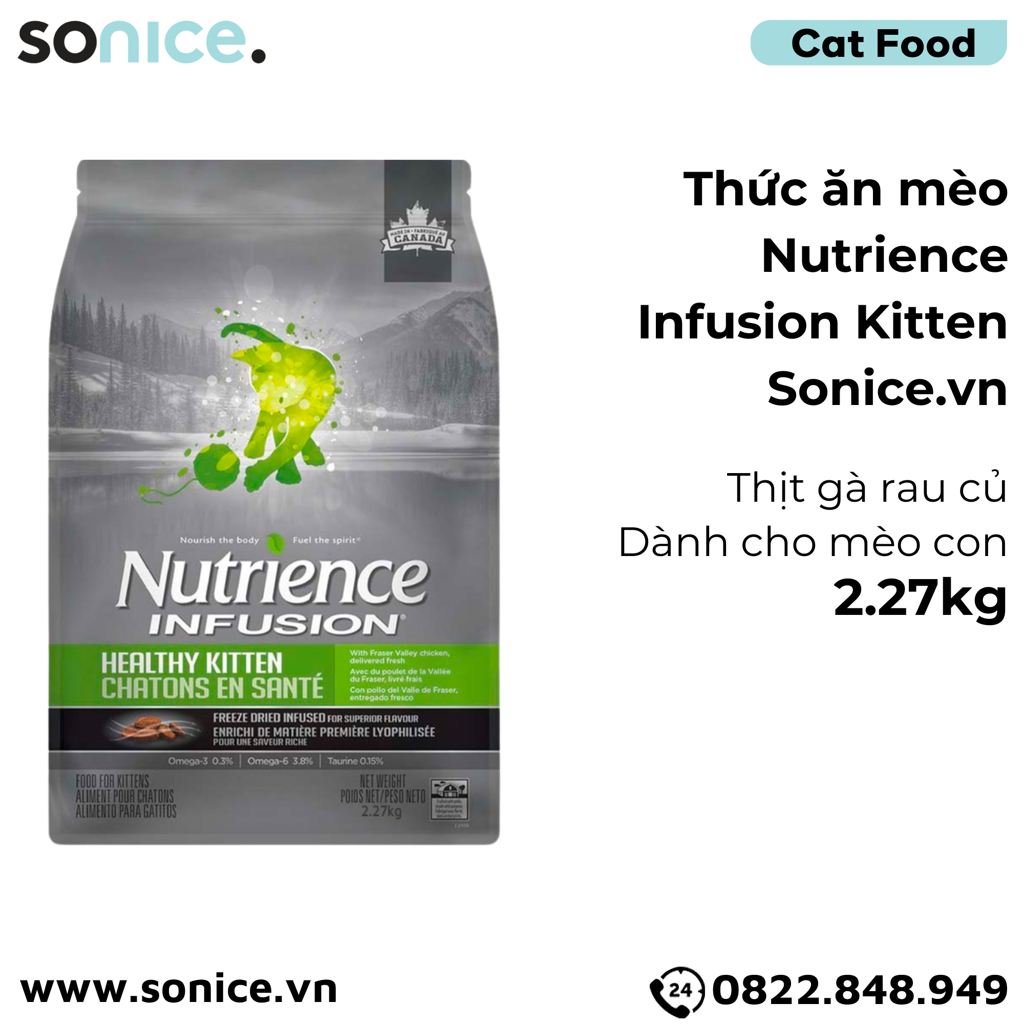  Thức ăn mèo Nutrience Infusion Kitten thịt gà rau củ 2.27kg - Dành cho mèo con SONICE. 