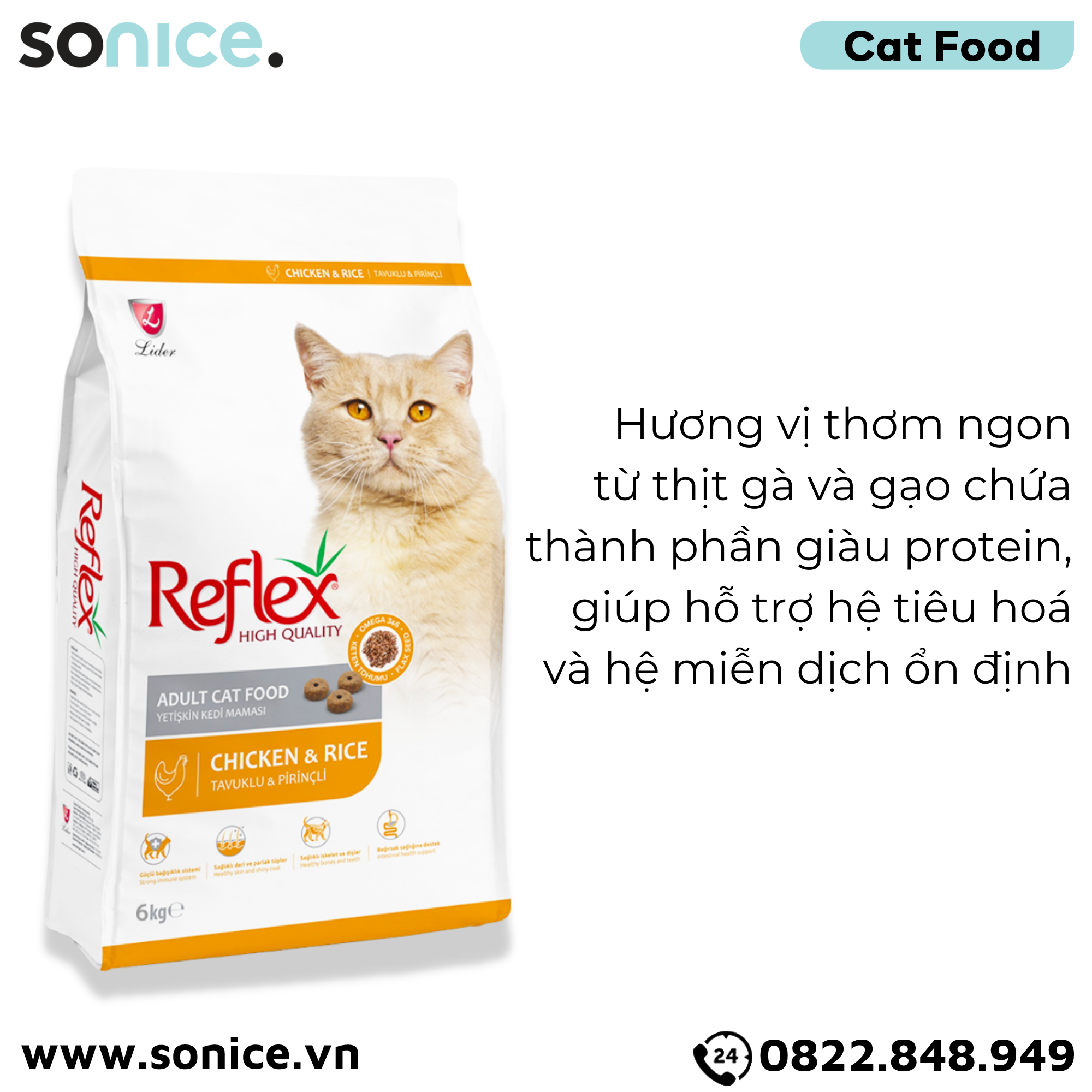  Thức ăn mèo Reflex Chicken & Rice Adult 6kg - Vị gà và gạo SONICE. 