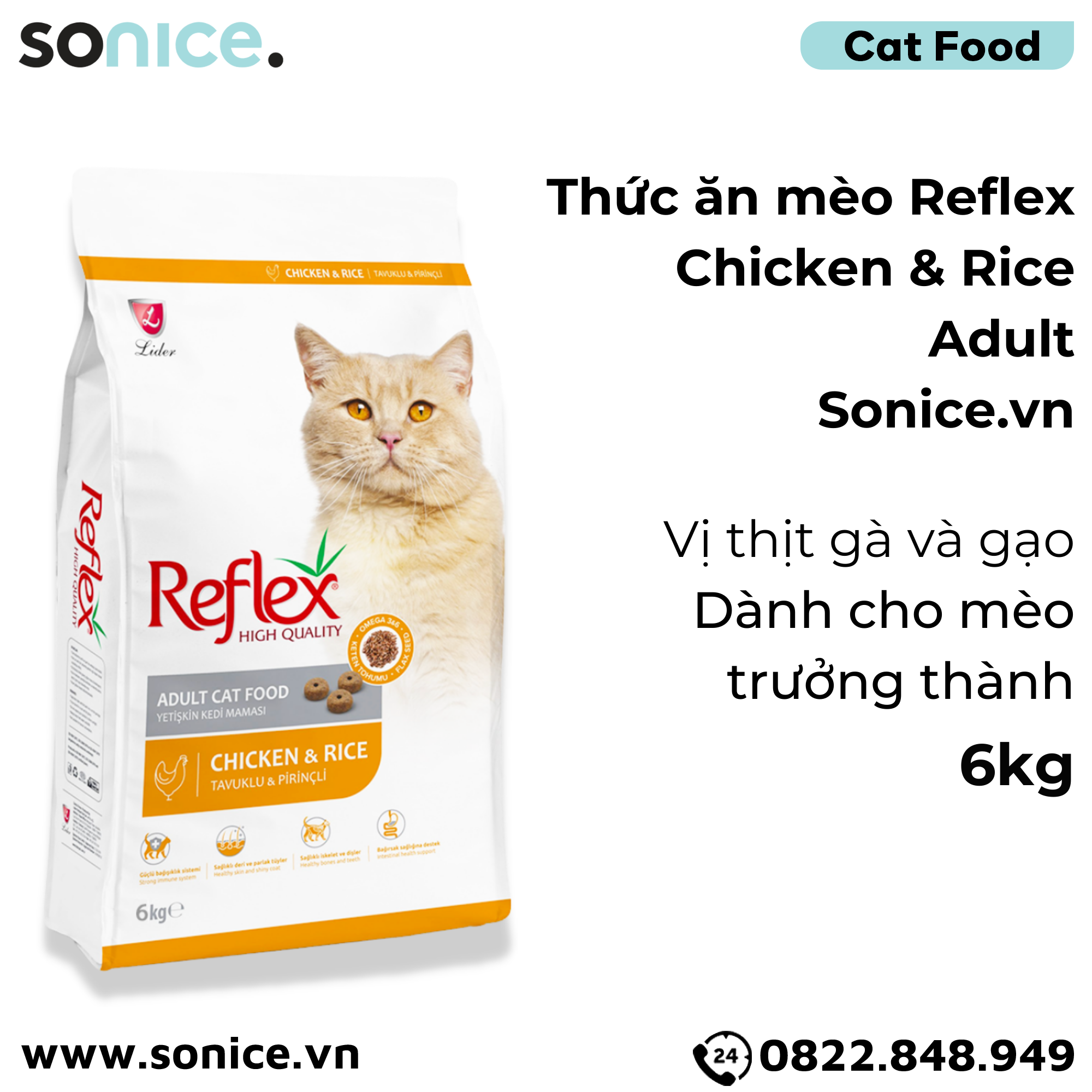  Thức ăn mèo Reflex Chicken & Rice Adult 6kg - Vị gà và gạo SONICE. 