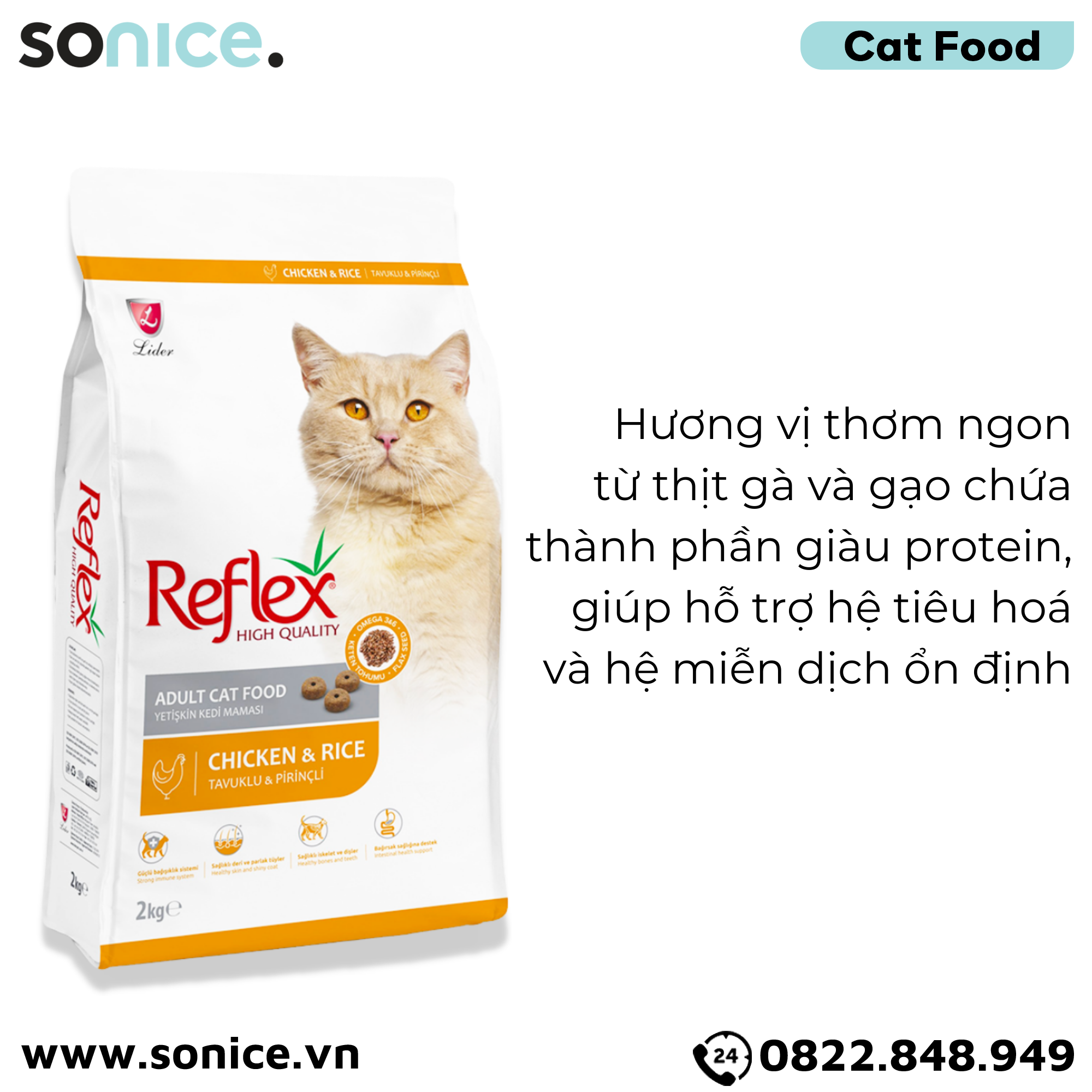  Thức ăn mèo Reflex Chicken & Rice Adult 2kg - Vị gà và gạo SONICE. 