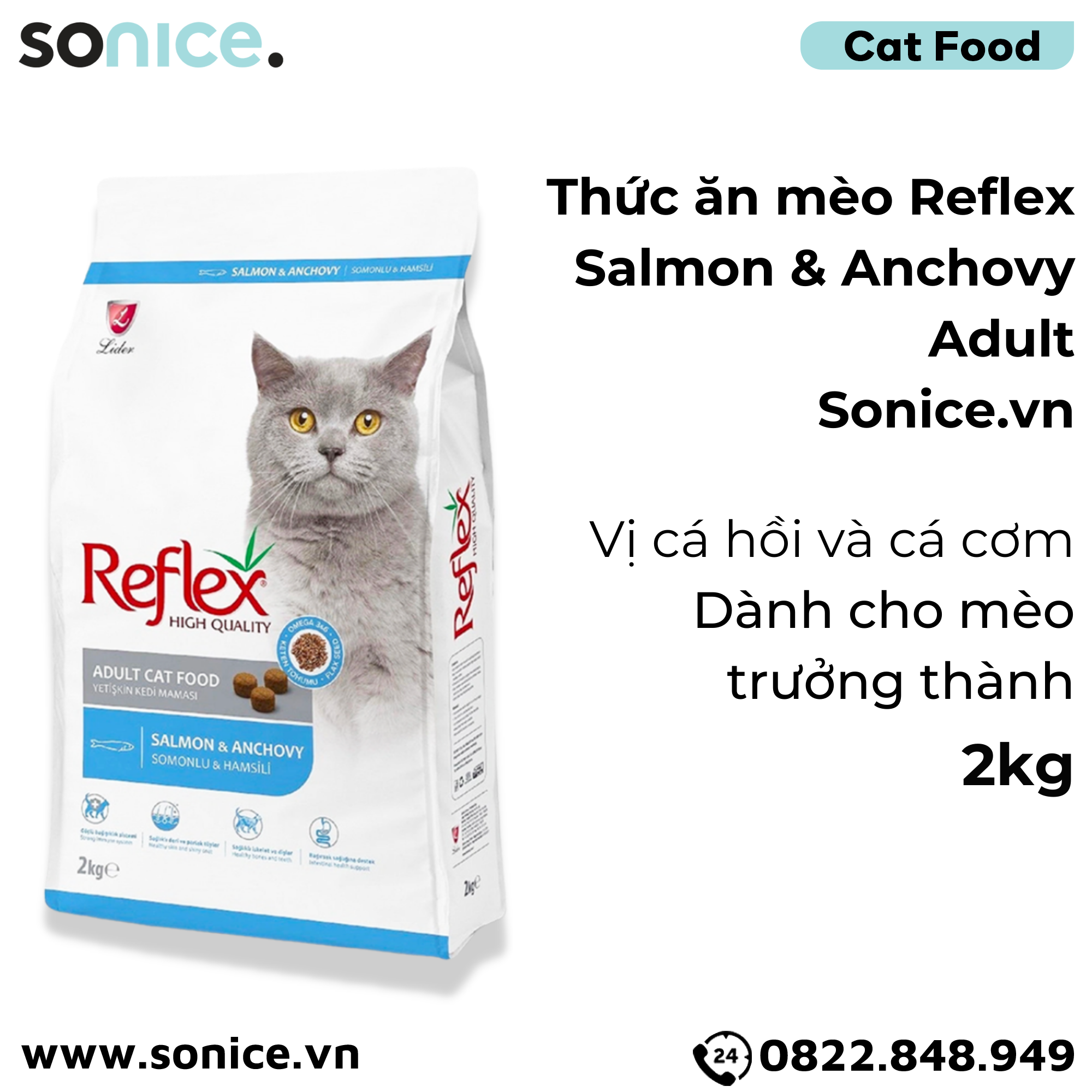  Thức ăn mèo Reflex Salmon & Anchovy Adult 2kg - Dành cho mèo trưởng thành, vị cá hồi và cá cơm SONICE. 