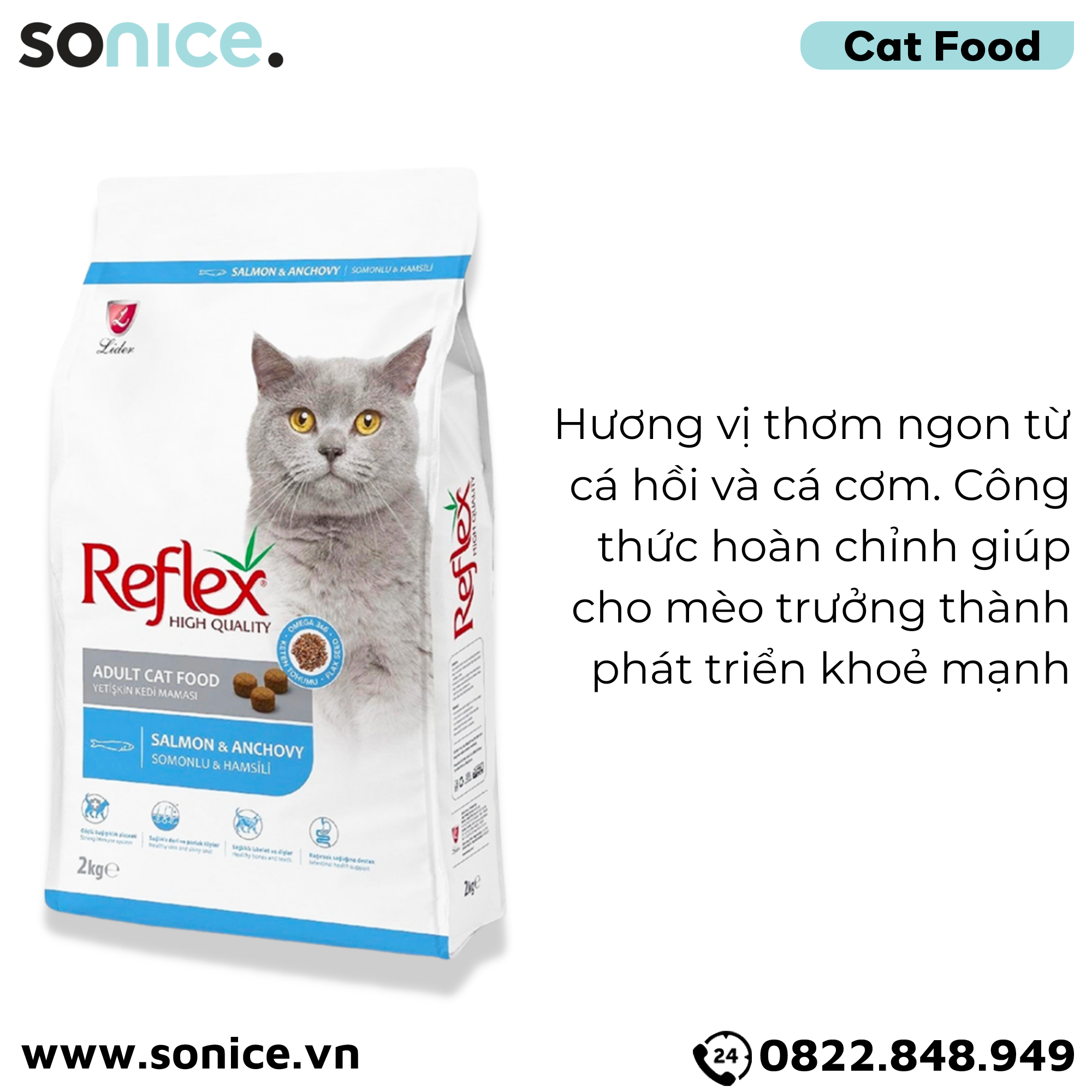  Thức ăn mèo Reflex Salmon & Anchovy Adult 2kg - Dành cho mèo trưởng thành, vị cá hồi và cá cơm SONICE. 