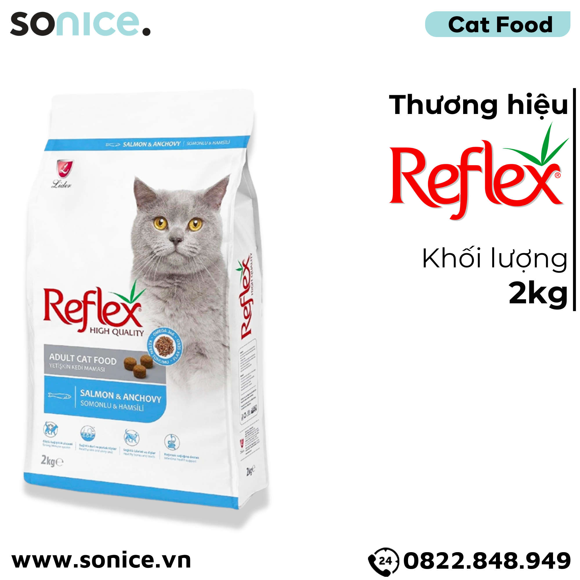  Thức ăn mèo Reflex Salmon & Anchovy Adult 2kg - Dành cho mèo trưởng thành, vị cá hồi và cá cơm SONICE. 