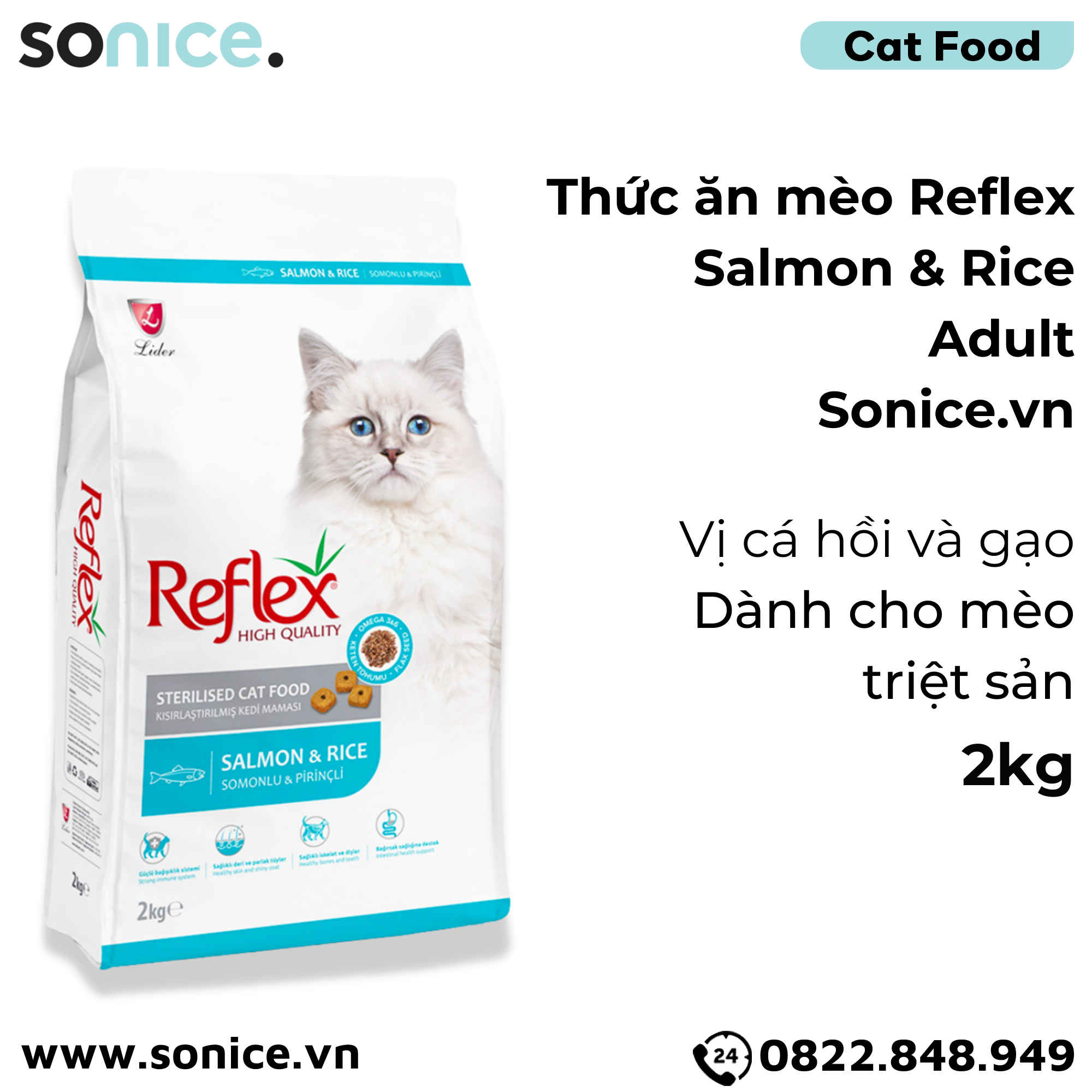  Thức ăn mèo Reflex Salmon & Rice Sterilised 2kg - Dành cho mèo triệt sản, vị cá hồi và gạo SONICE. 