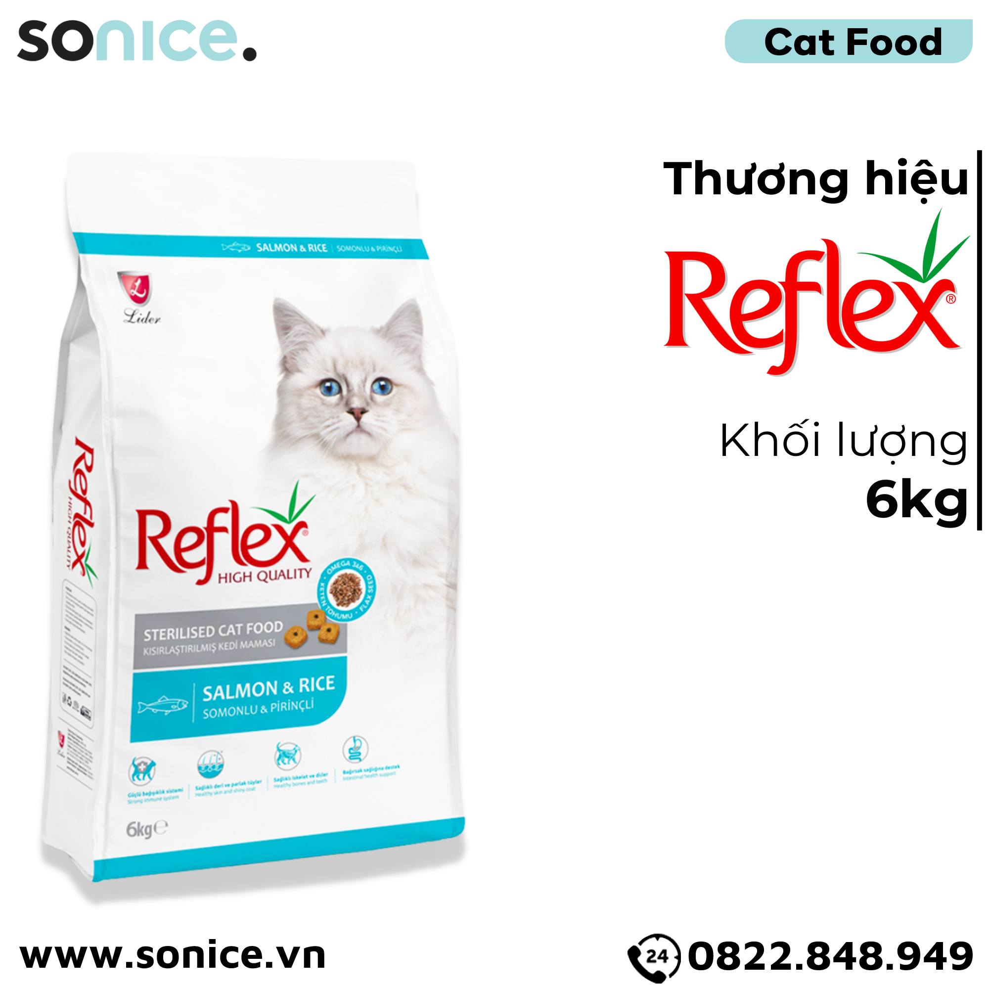  Thức ăn mèo Reflex Salmon & Rice Sterilised 6kg - Dành cho mèo triệt sản, vị cá hồi và gạo SONICE. 