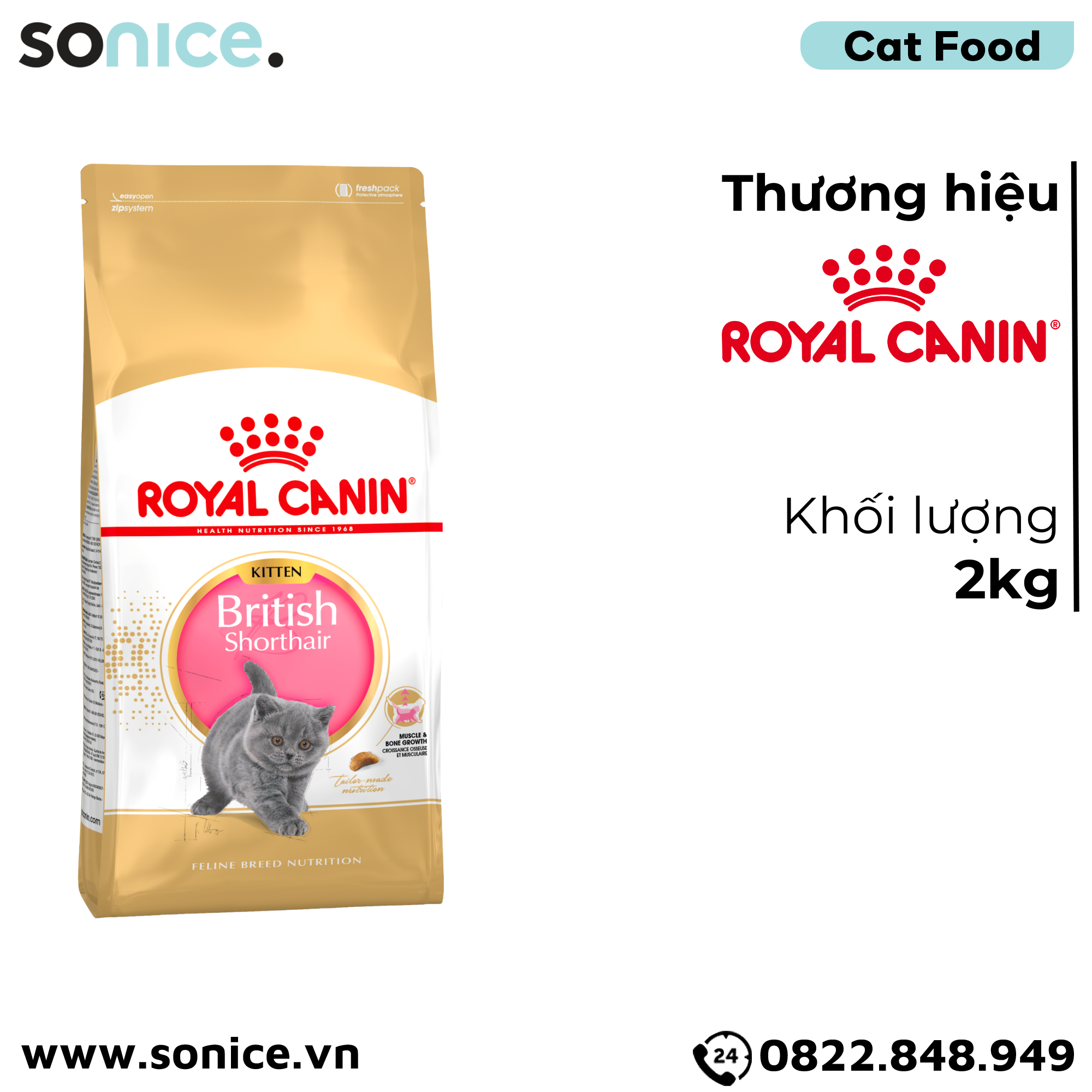  Thức ăn mèo Royal Canin British Shorthair Kitten 2kg - mèo Anh lông ngắn SONICE. 