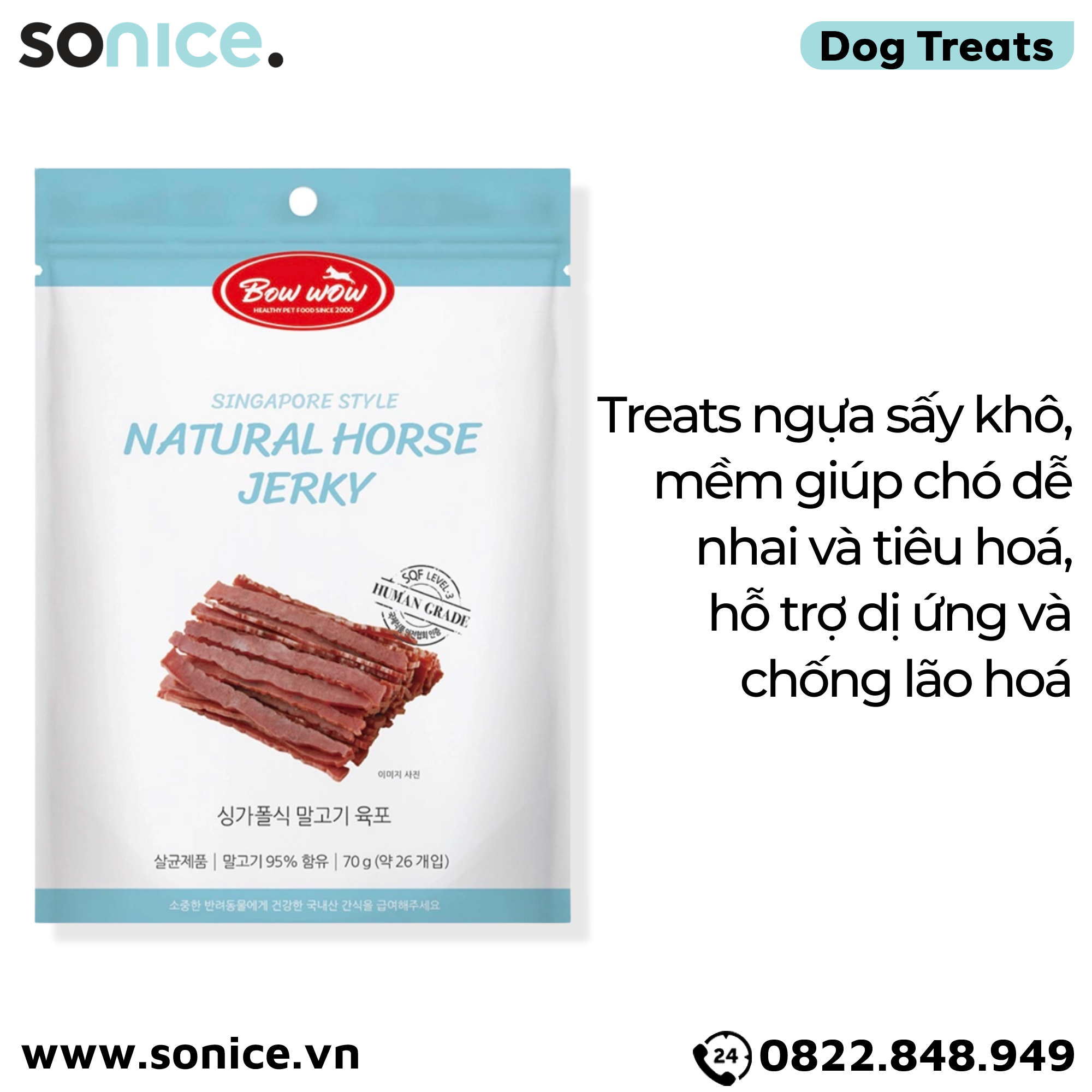  Treats Bow Natural Horse Jerky 70g - Thịt ngựa sấy, hỗ trợ dị ứng, chống thoái hoá khớp và loãng xương SONICE. 