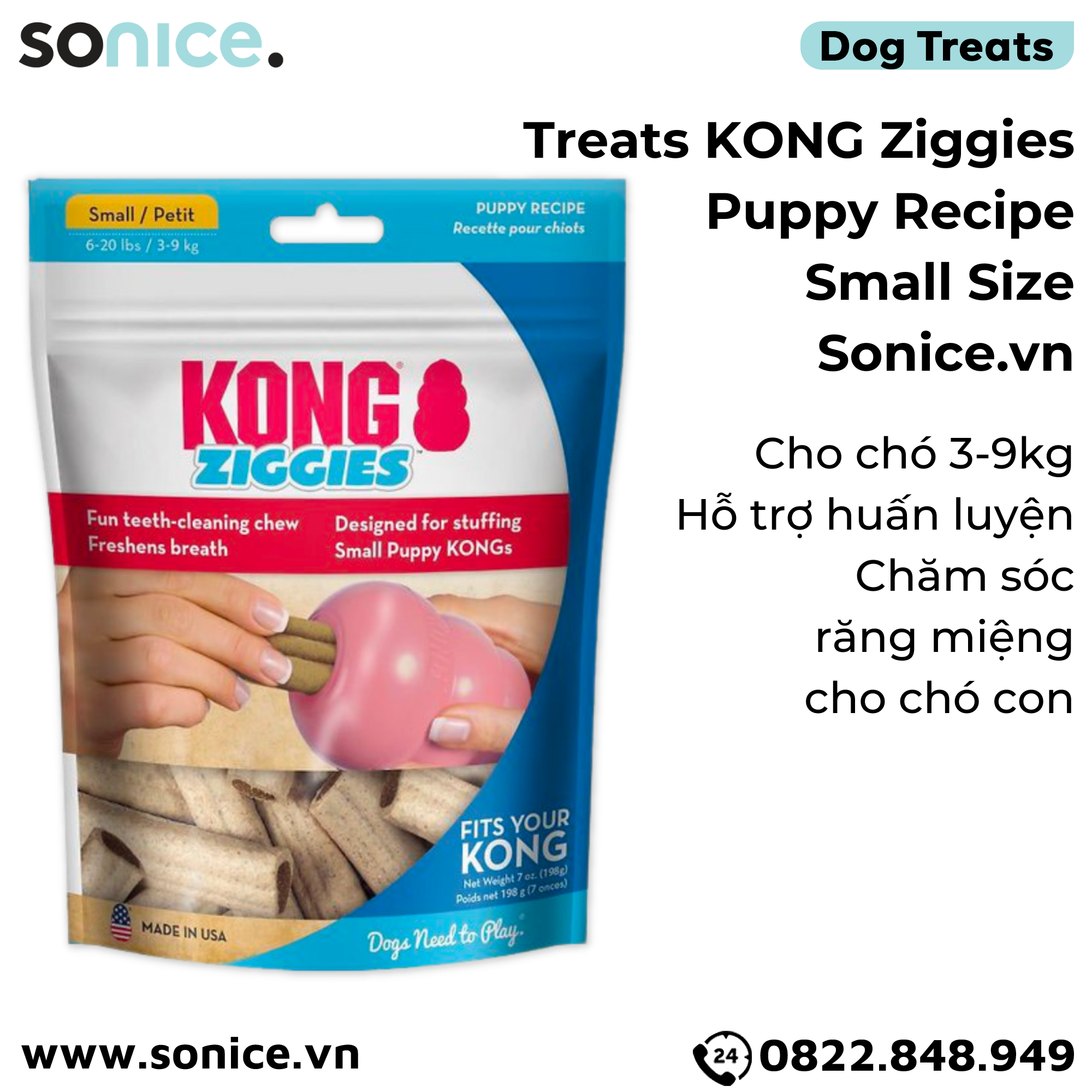  Treats Kong Ziggies Puppy Recipe Small Size 198g - Cho chó 3-9kg, hỗ trợ huấn luyện, chăm sóc răng miệng cho chó con SONICE. 