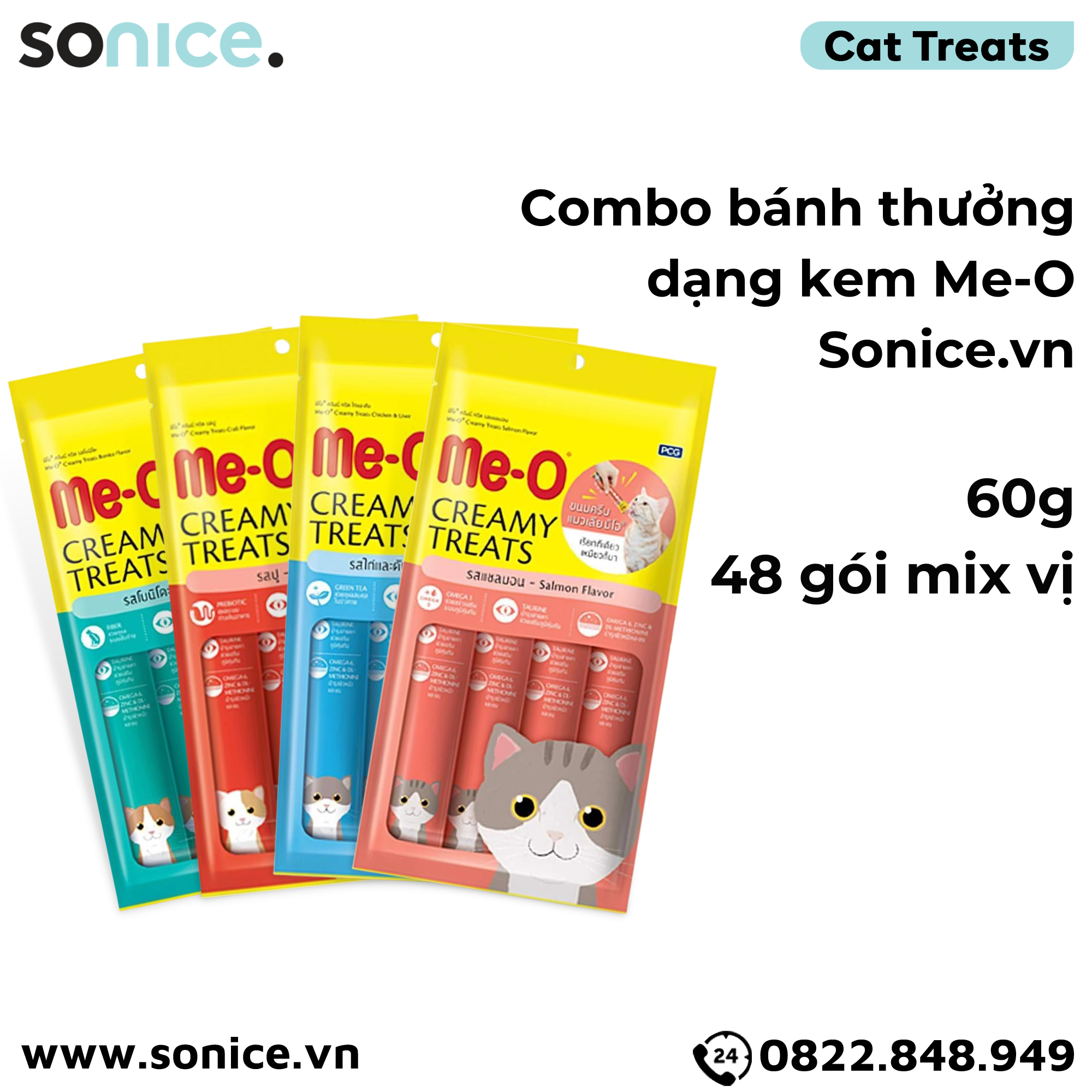  COMBO BÁNH THƯỞNG DẠNG KEM ME-O- 4 VỊ- 48 GÓI SONICE. 