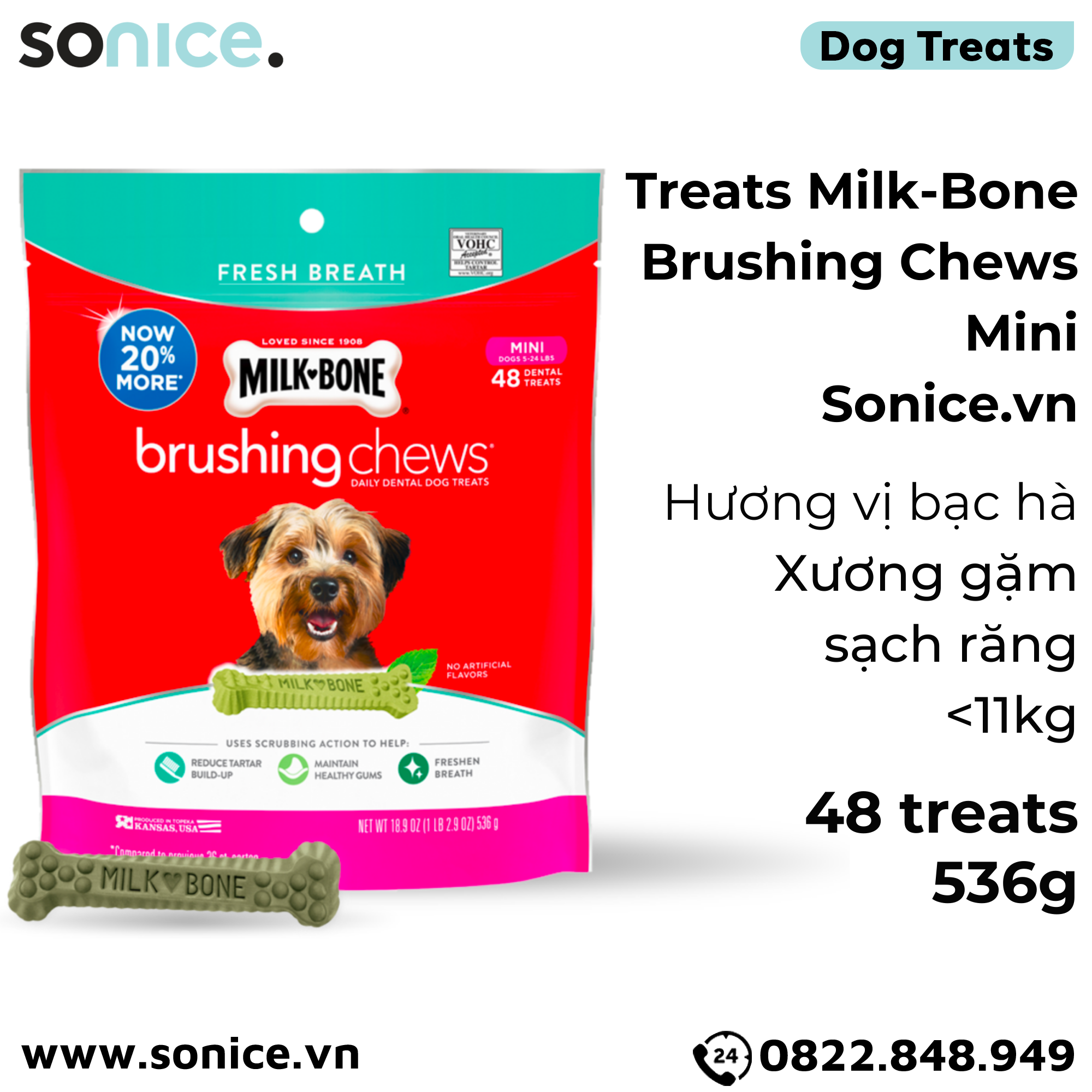  Treats Milk-Bone Brushing Chews Mini 536g - 48 treats - xương gặm sạch răng thơm miệng bạc hà <11kg SONICE. 