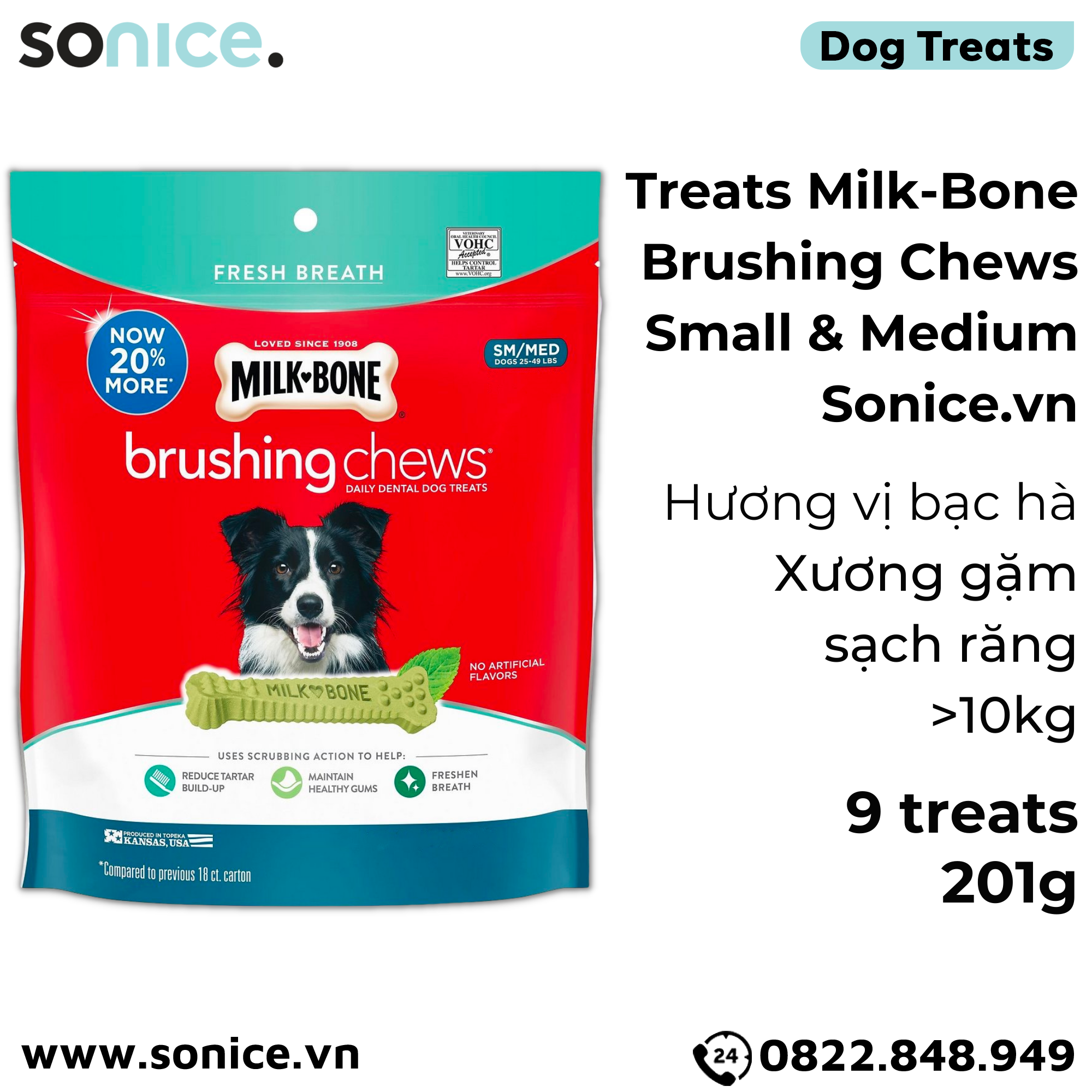  Treats Milk-Bone Brushing Chews 201g - 9 treats - Xương gặm sạch răng thơm miệng bạc hà SONICE. 