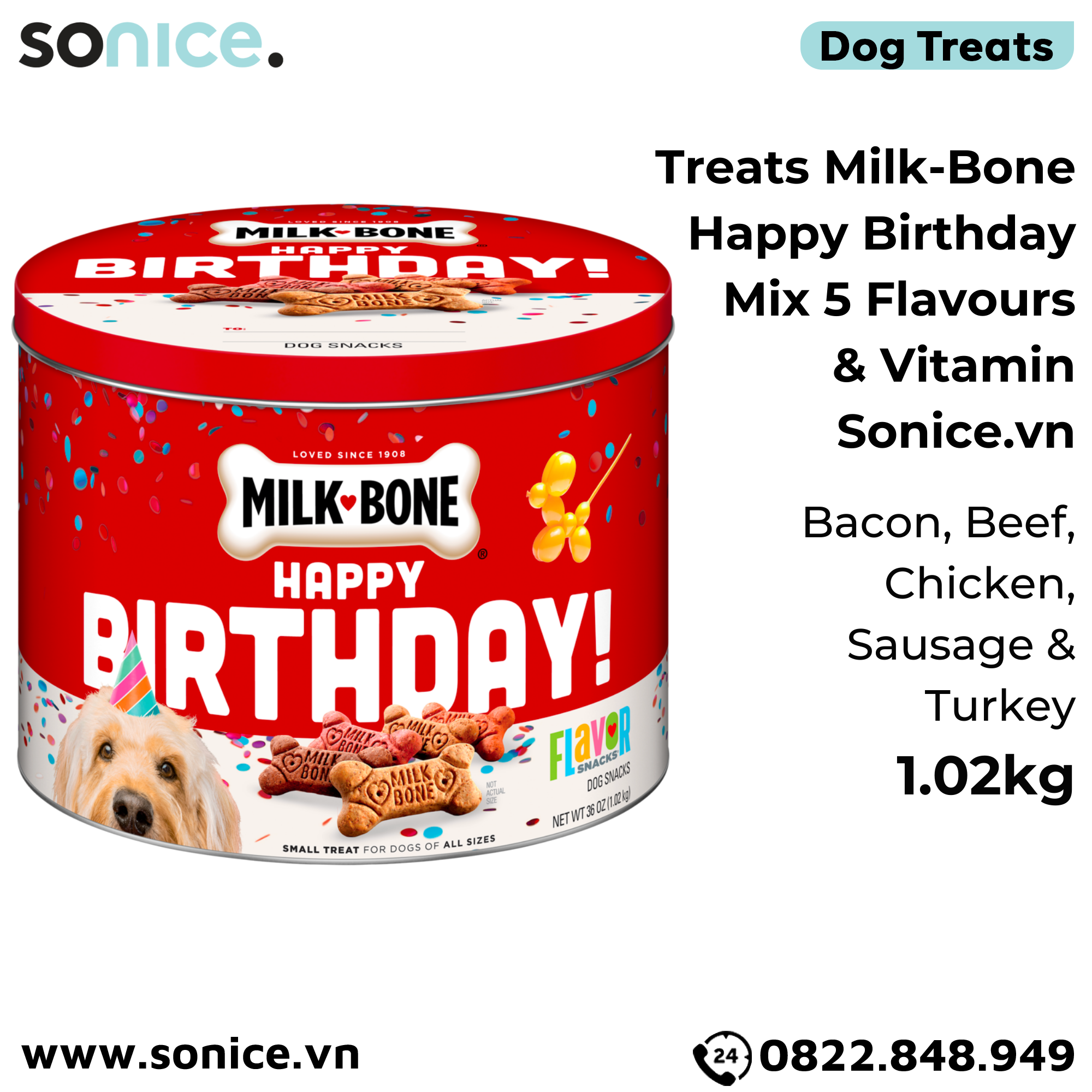  Treats Milk-Bone Happy Birthday Mix 5 Flavours & Vitamin 1.02kg - Bacon, Beef, Chicken, Sausage & Turkey SONICE. 