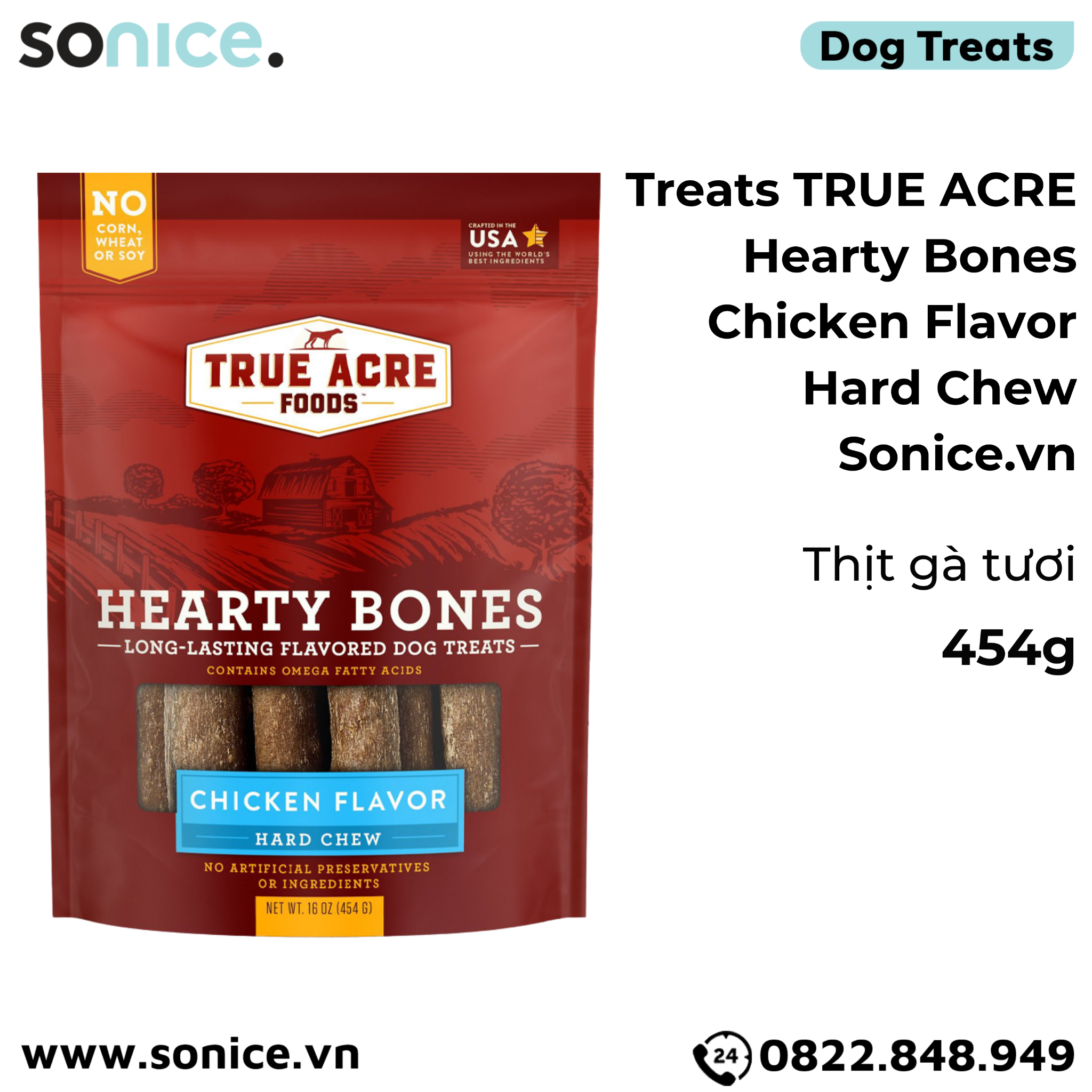  Treats TRUE ACRE Hearty Bones Chicken Flavor Hard Chew 454g - Thị gà, bổ sung Omega-3 SONICE. 