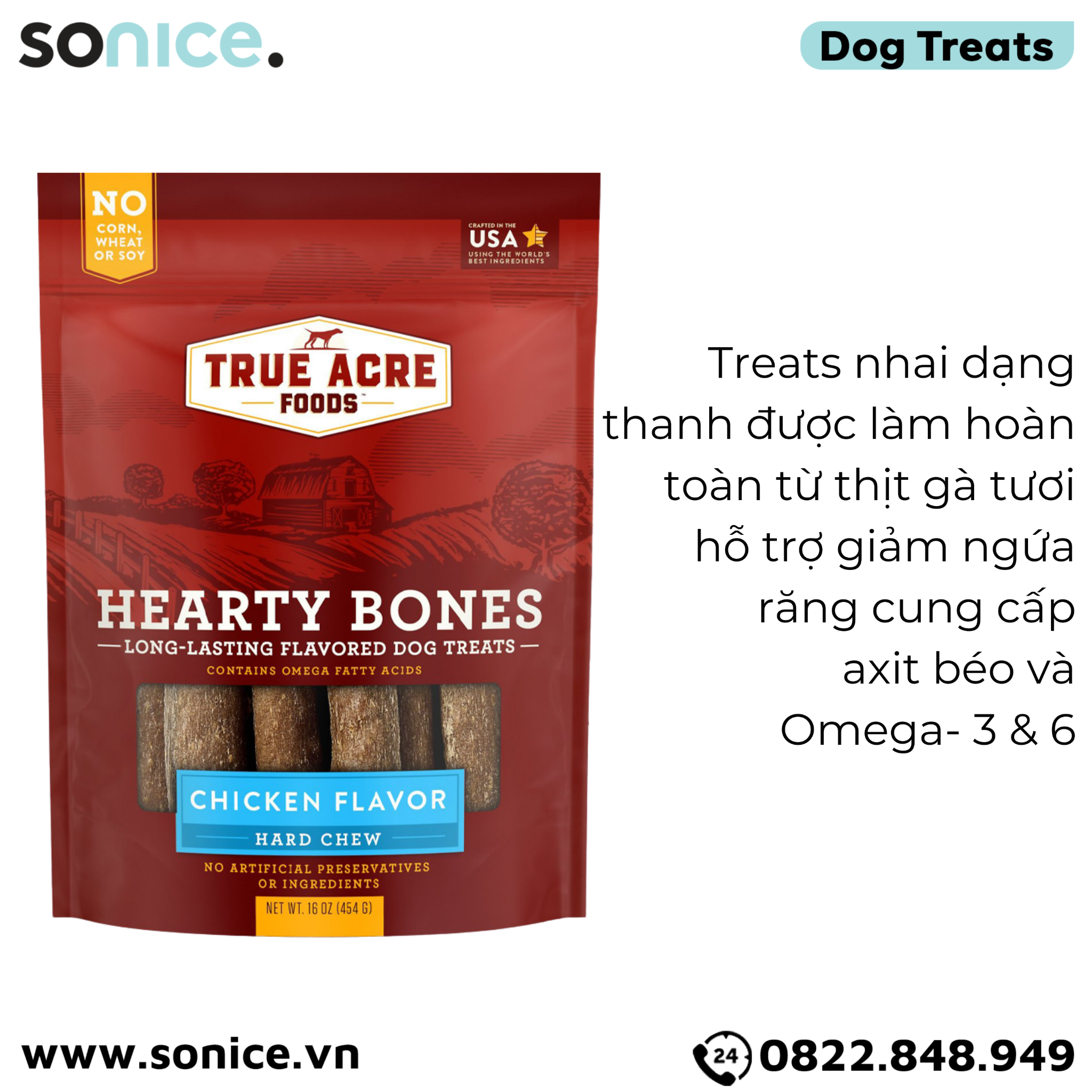  Treats TRUE ACRE Hearty Bones Chicken Flavor Hard Chew 454g - Thị gà, bổ sung Omega-3 SONICE. 