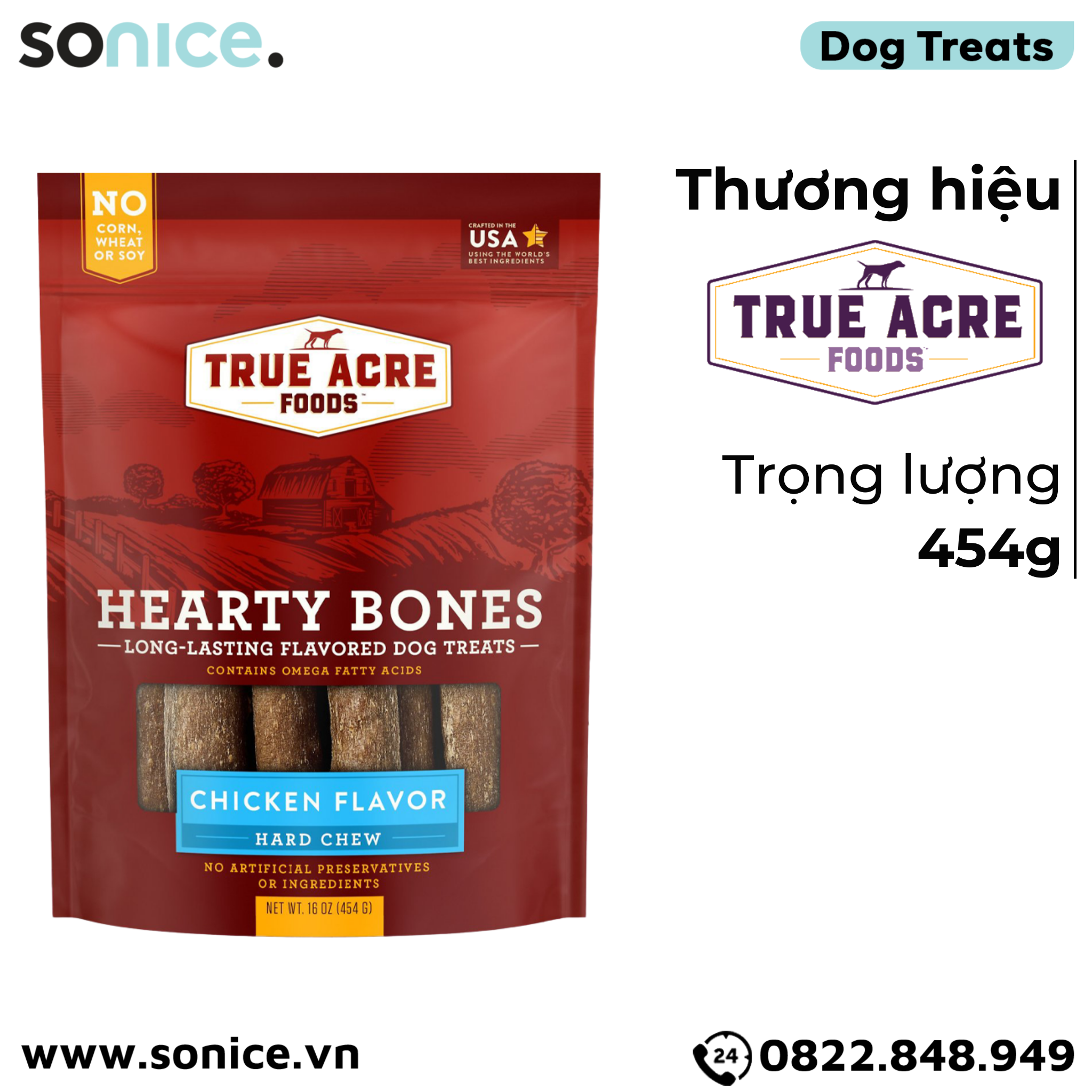  Treats TRUE ACRE Hearty Bones Chicken Flavor Hard Chew 454g - Thị gà, bổ sung Omega-3 SONICE. 