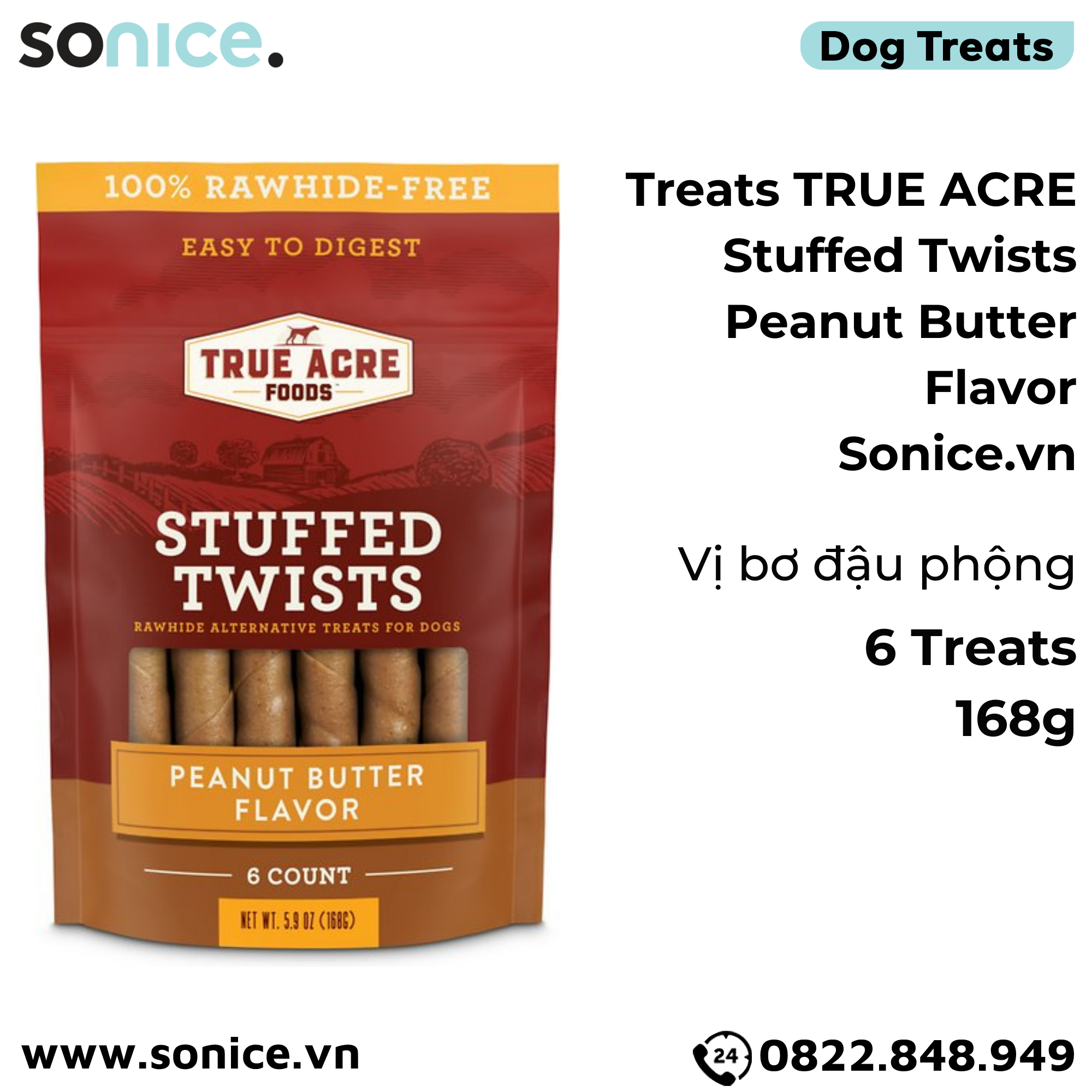  Treats TRUE ACRE Stuffed Twists Peanut Butter Flavor 168g - 6 treats - Bơ đậu phộng, bổ sung Omega-3 SONICE. 