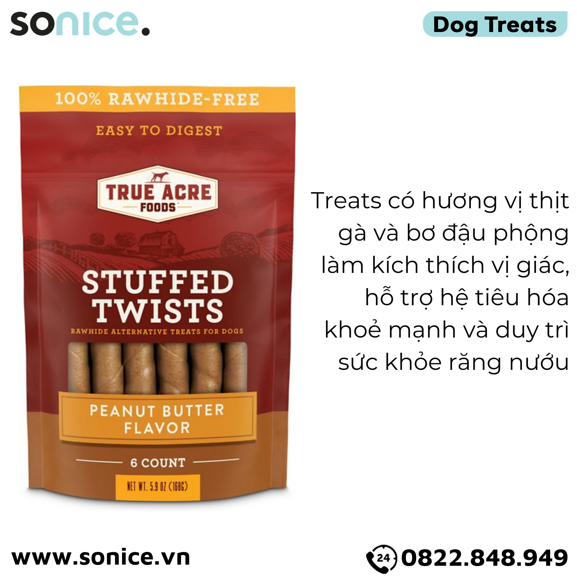  Treats TRUE ACRE Stuffed Twists Peanut Butter Flavor 168g - 6 treats - Bơ đậu phộng, bổ sung Omega-3 SONICE. 