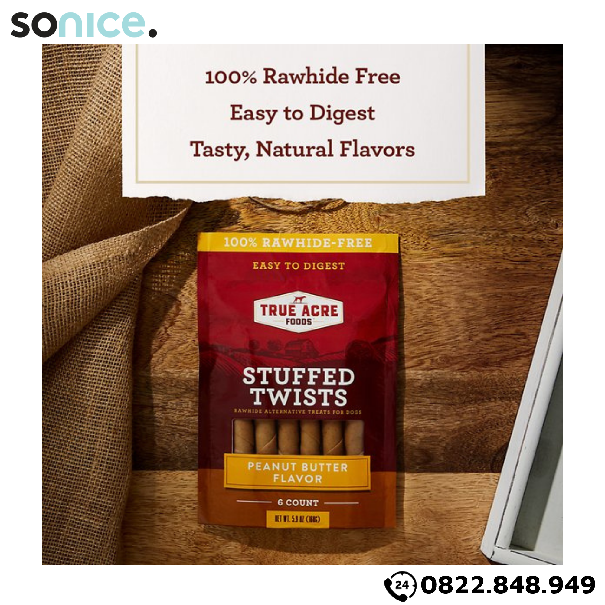  Treats TRUE ACRE Stuffed Twists Peanut Butter Flavor 168g - 6 treats - Bơ đậu phộng, bổ sung Omega-3 SONICE. 