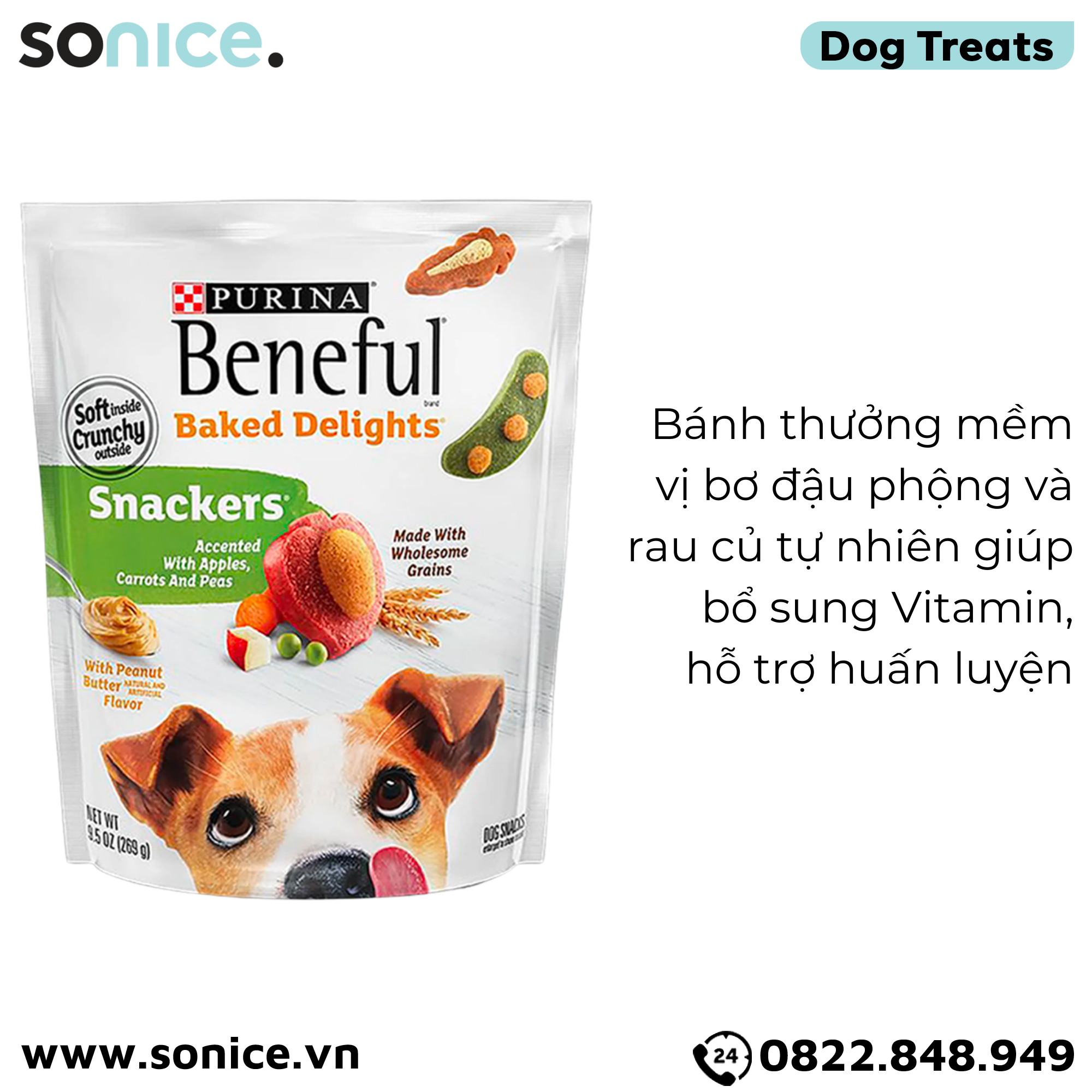  Treats Purina Beneful Baked Delights Snackers with Apples, Carrots, Peas & Peanut Buttet Flavor 269g - Vị táo, cà rốt, đậu hà lan và bơ đậu phộng SONICE. 