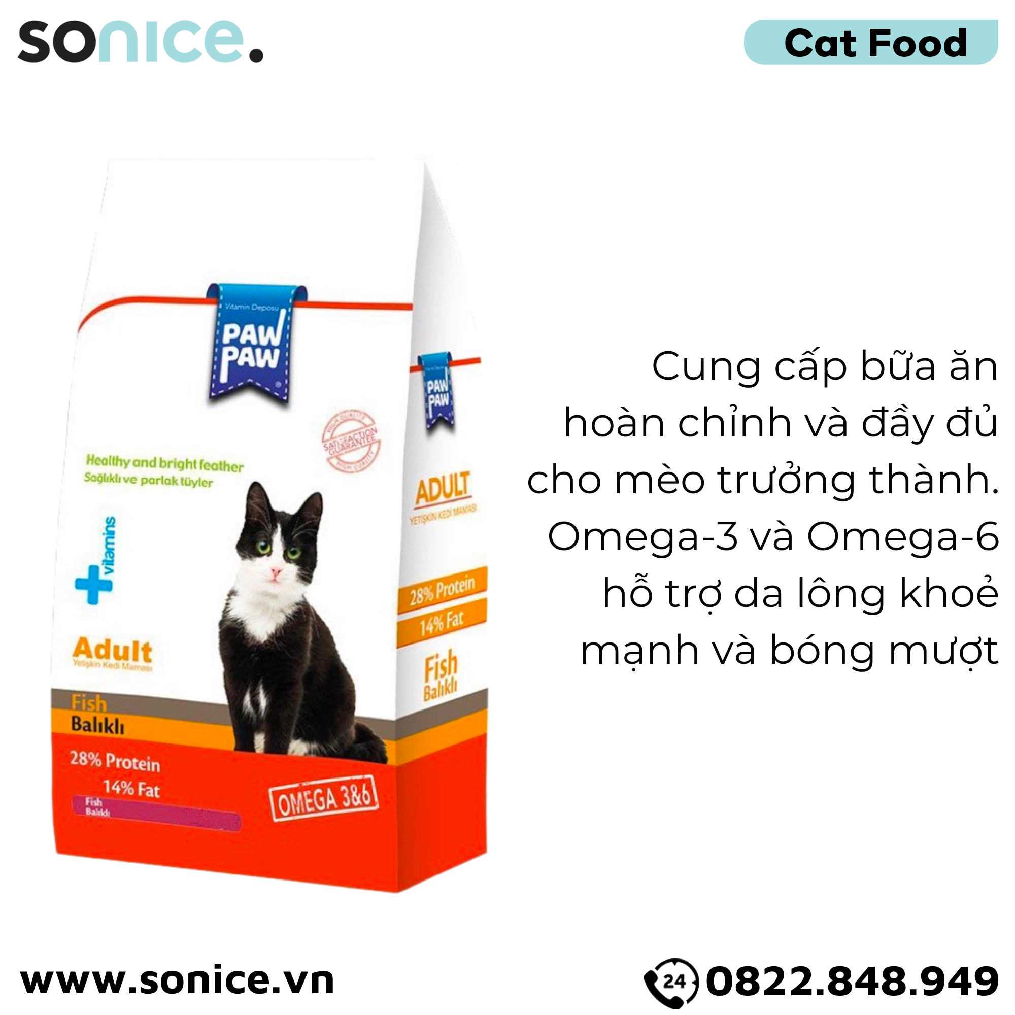  Thức ăn mèo Paw Paw Healthy and Bright Feather Adult Fish 3kg - Vị cá - Hỗ trợ dưỡng da lông cho mèo trưởng thành SONICE. 