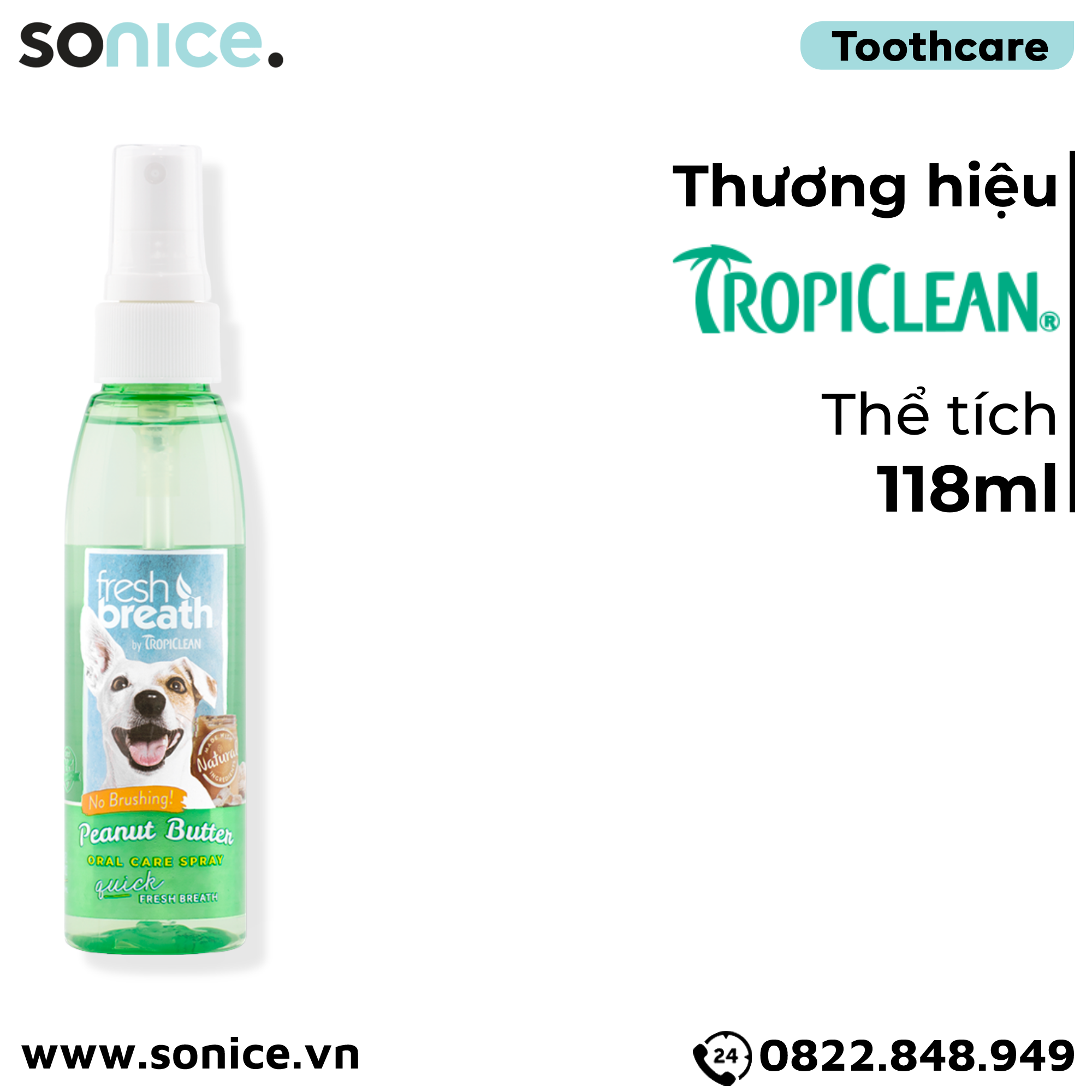  Xịt vệ sinh răng miệng TropiClean FRESH BREATH Butter 118ml - vị bơ SONICE. 