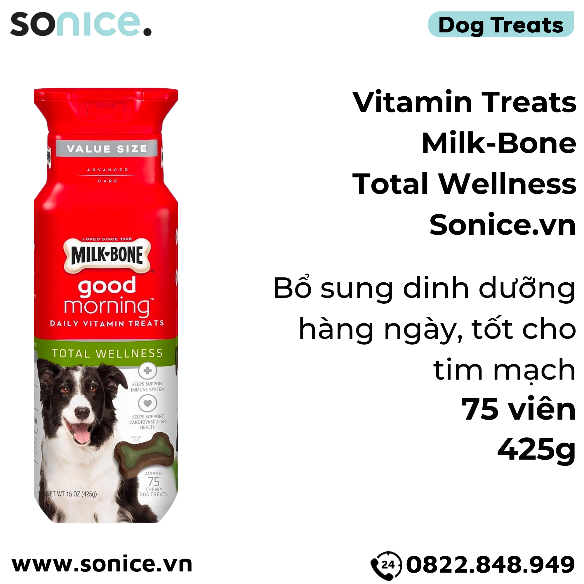  Vitamin Treats Milk-Bone Total Wellness 75 viên - 425g - bổ sung dinh dưỡng hằng ngày, tốt cho tim mạch SONICE. 