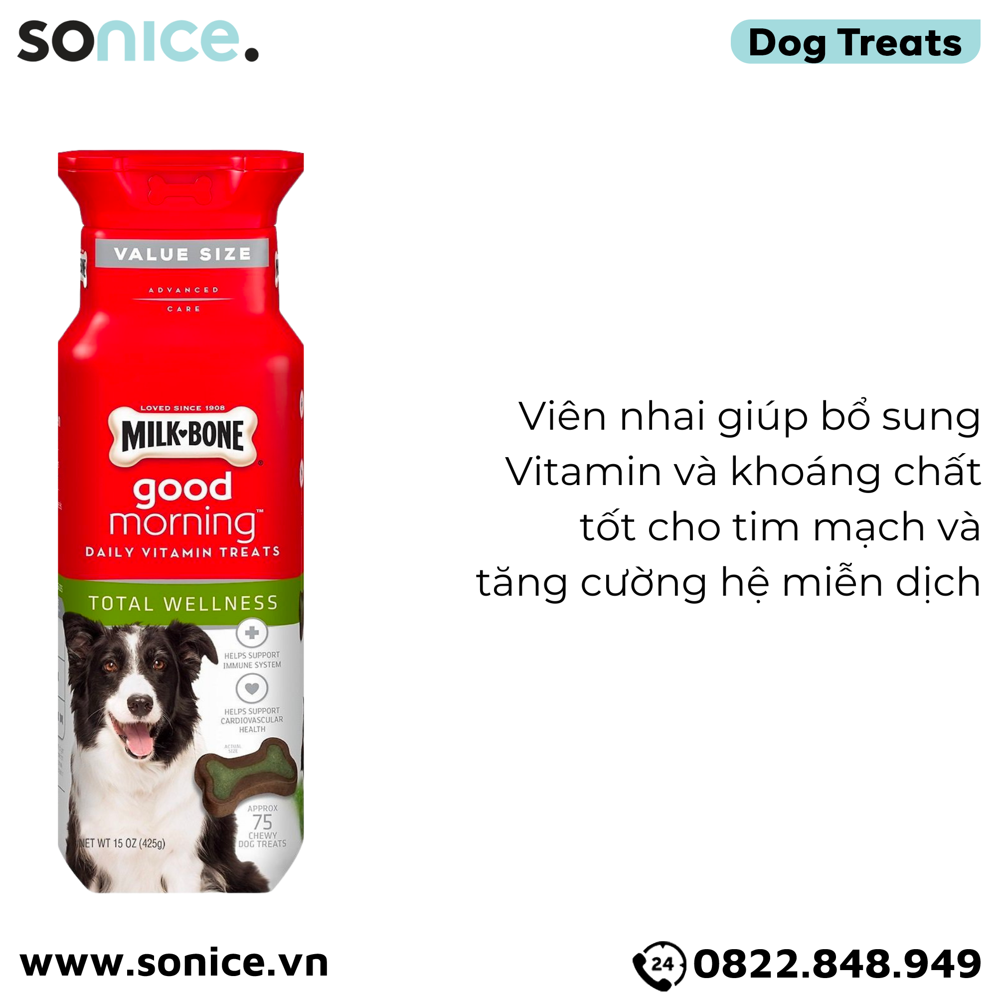  Vitamin Treats Milk-Bone Total Wellness 75 viên - 425g - bổ sung dinh dưỡng hằng ngày, tốt cho tim mạch SONICE. 