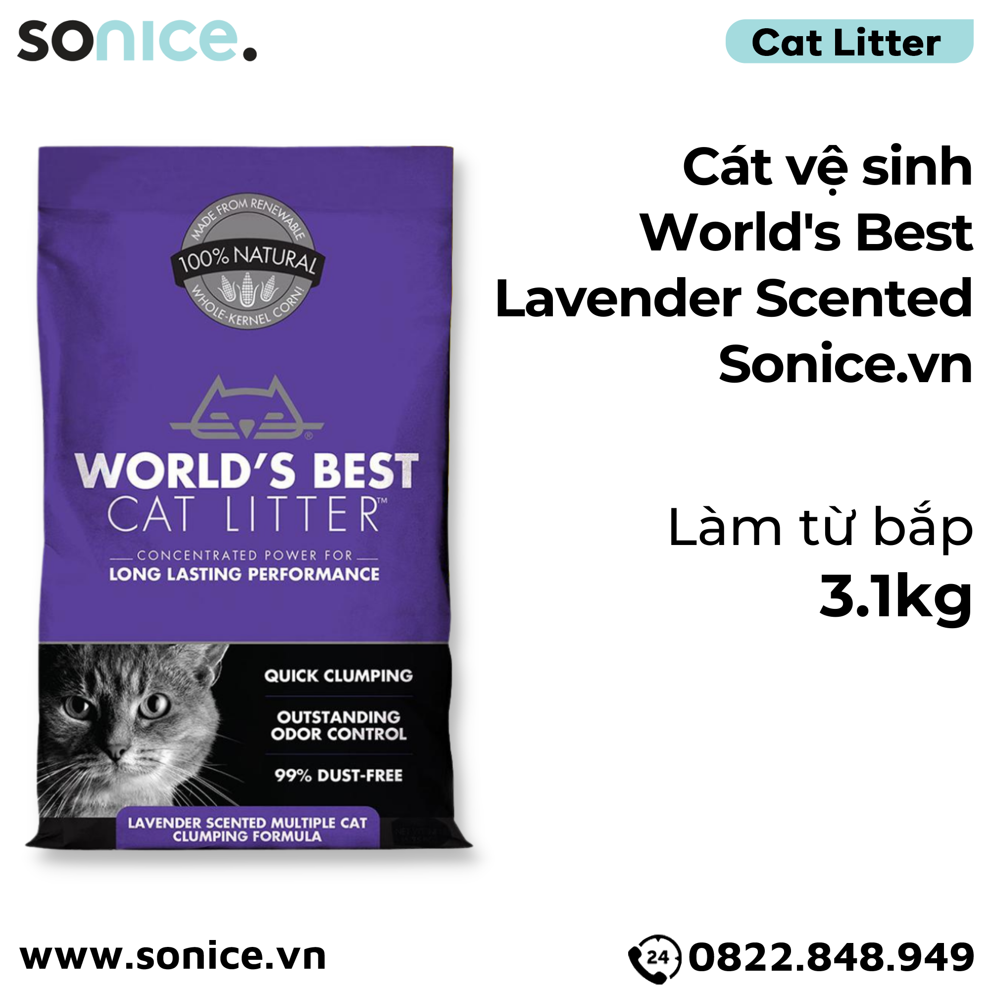  Cát vệ sinh World's Best Lavender Scented 3.1kg - làm từ bắp - Corn Cat Litter SONICE. 