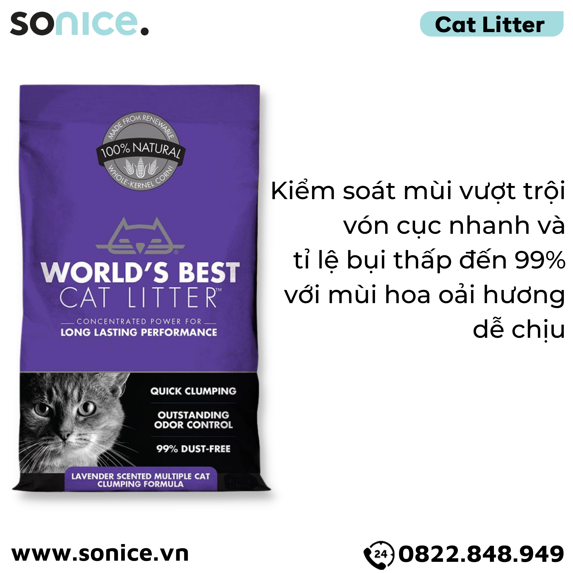  Cát vệ sinh World's Best Lavender Scented 3.1kg - làm từ bắp - Corn Cat Litter SONICE. 