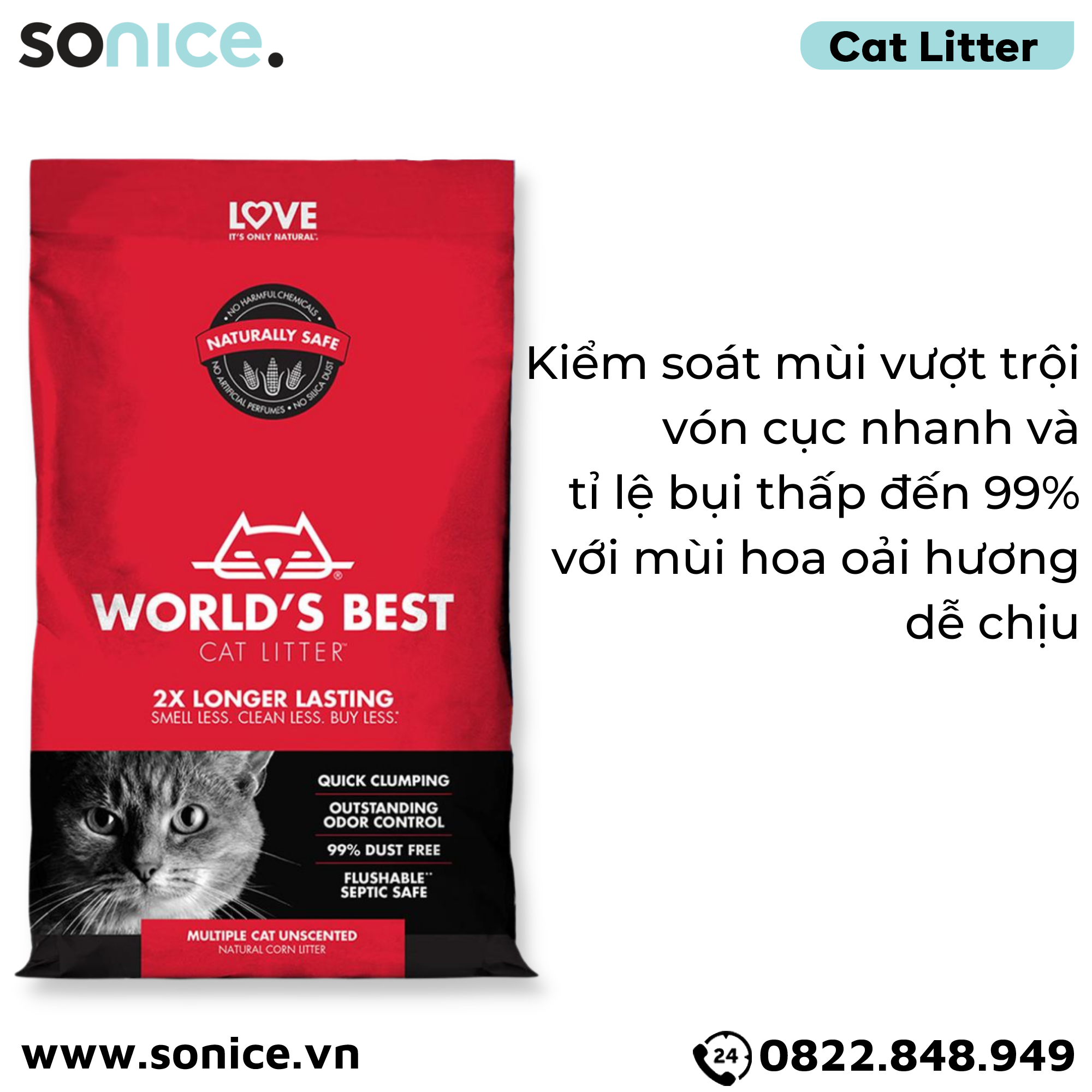  Cát vệ sinh World's Best Multi-Cat Unscented 9.3kg - làm từ bắp - Corn Cat Litter SONICE. 