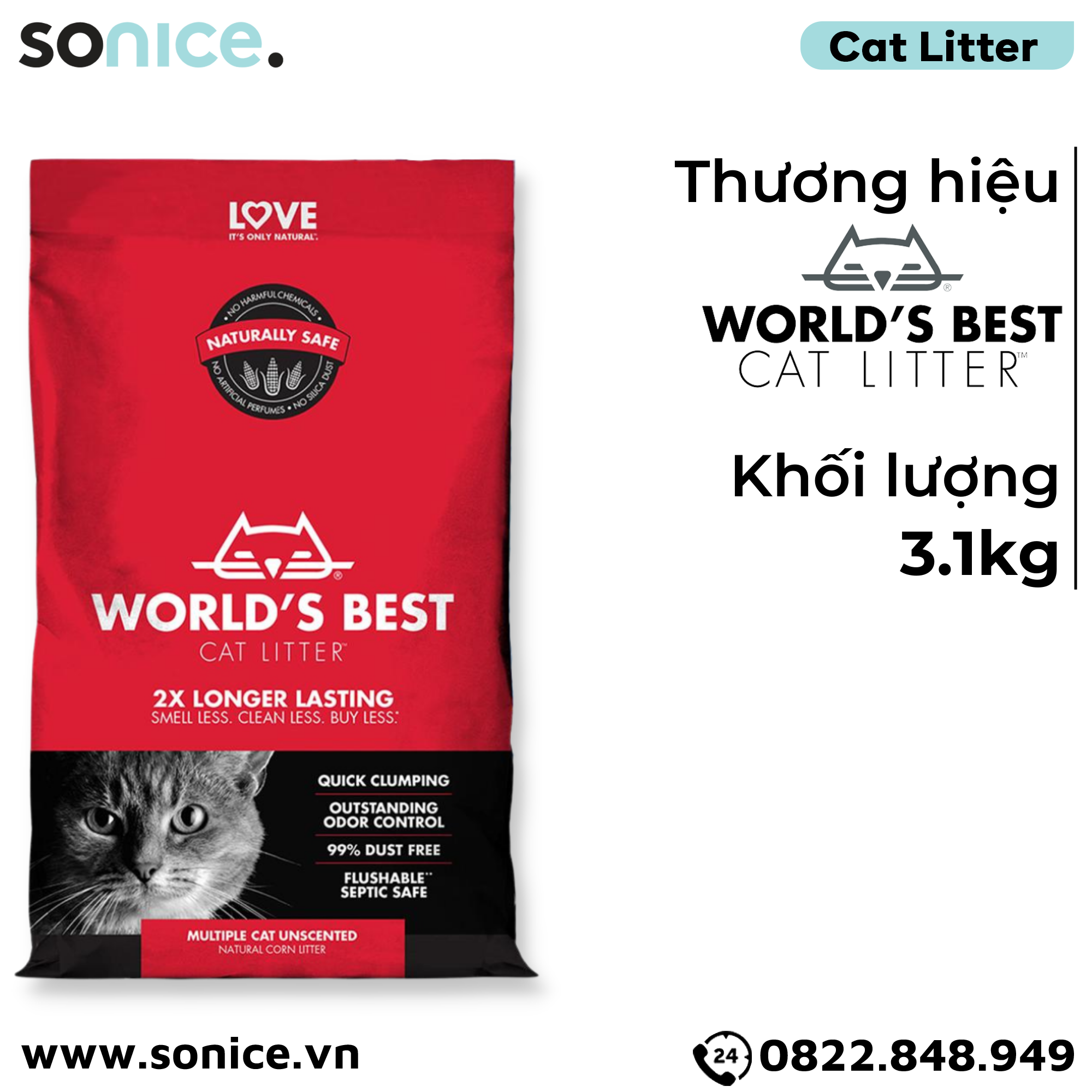  Cát vệ sinh World's Best Multi-Cat Unscented 3.1kg - làm từ bắp - Corn Cat Litter SONICE. 