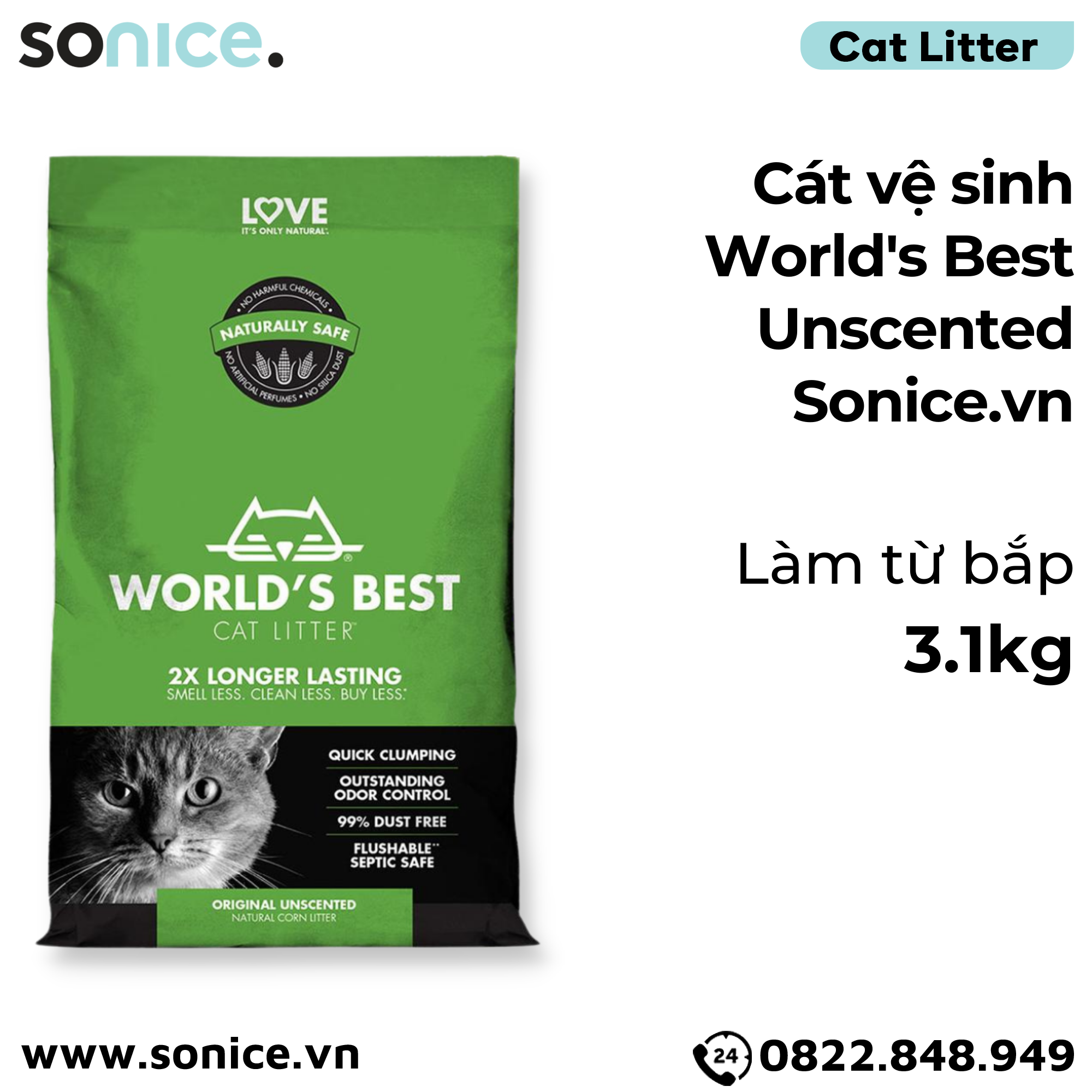  Cát vệ sinh World's Best Unscented 3.1kg - làm từ bắp - Corn Cat Litter SONICE. 