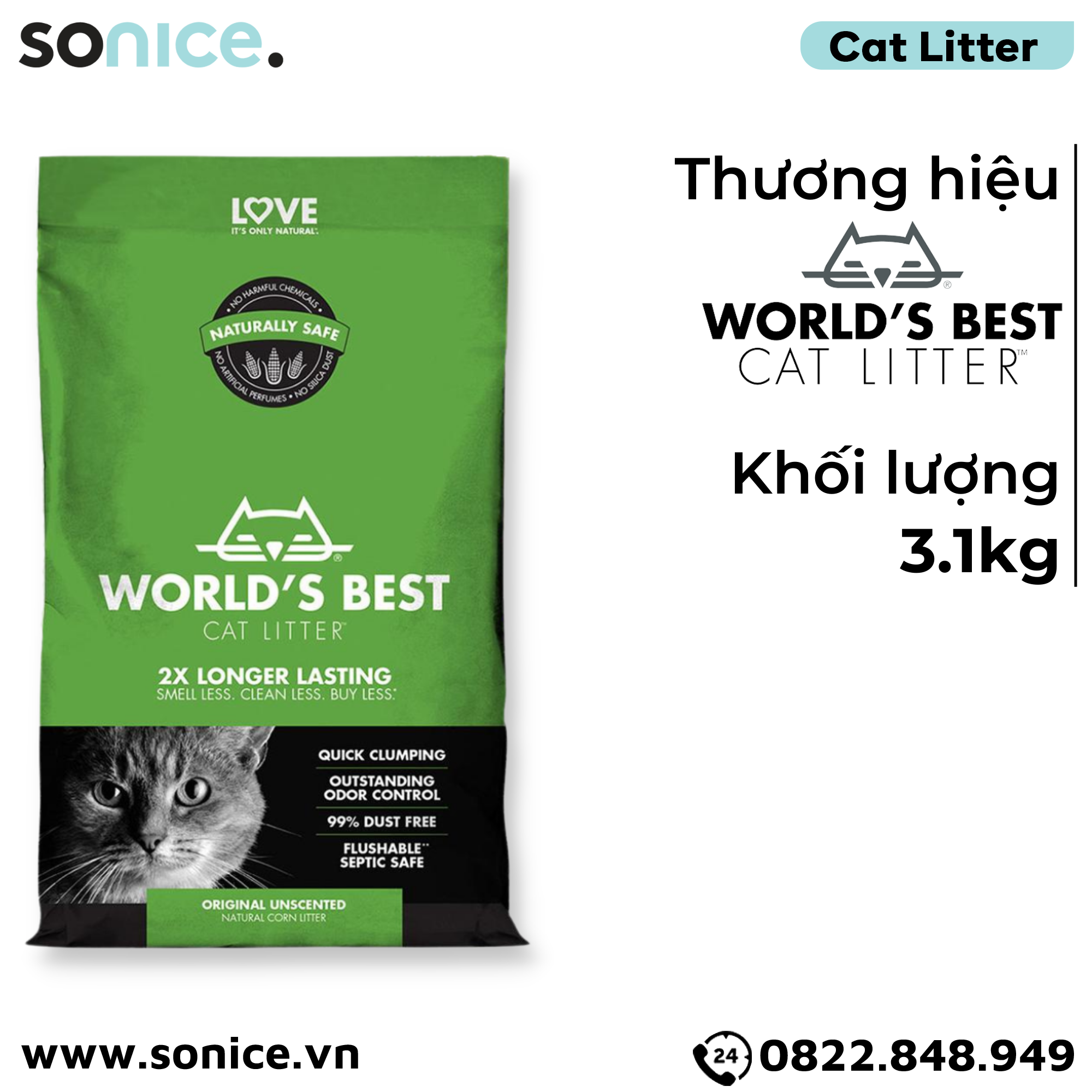  Cát vệ sinh World's Best Unscented 3.1kg - làm từ bắp - Corn Cat Litter SONICE. 