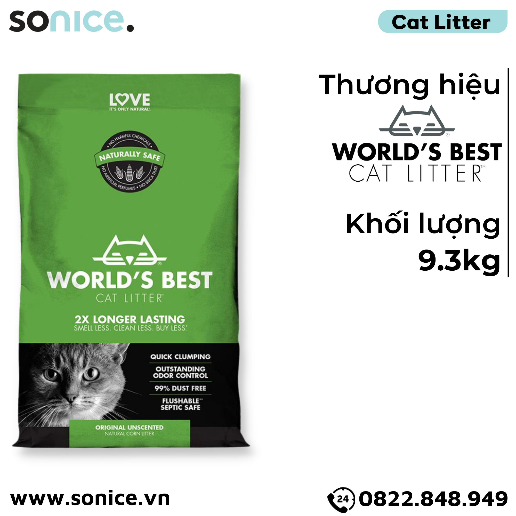  Cát vệ sinh World's Best Unscented 9.3kg - làm từ bắp - Corn Cat Litter SONICE. 