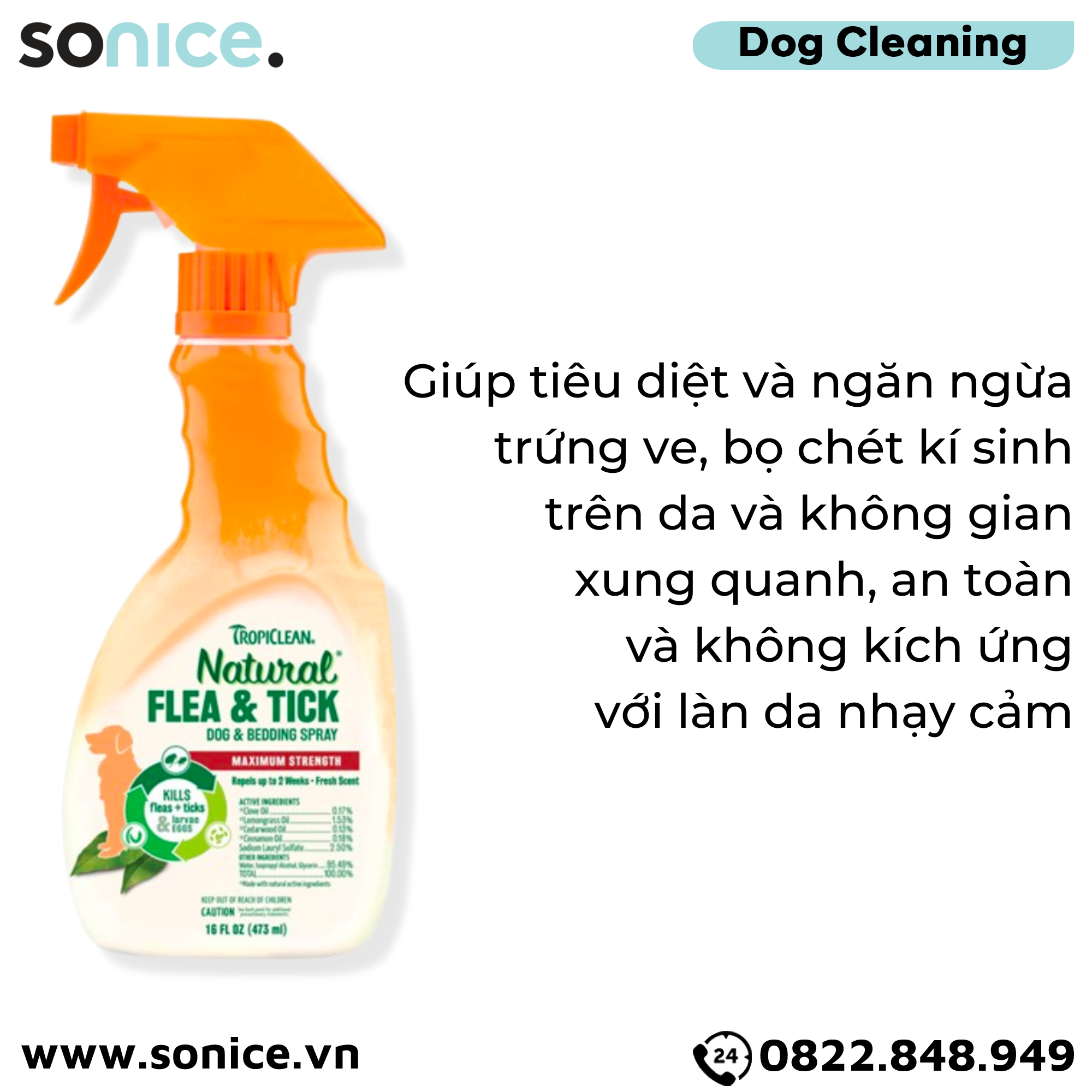  Xịt TropiClean Natural Flea Tick Dog & Bedding Spray 473ml - Diệt ve bọ chét cho chó thành phần tự nhiên SONICE. 