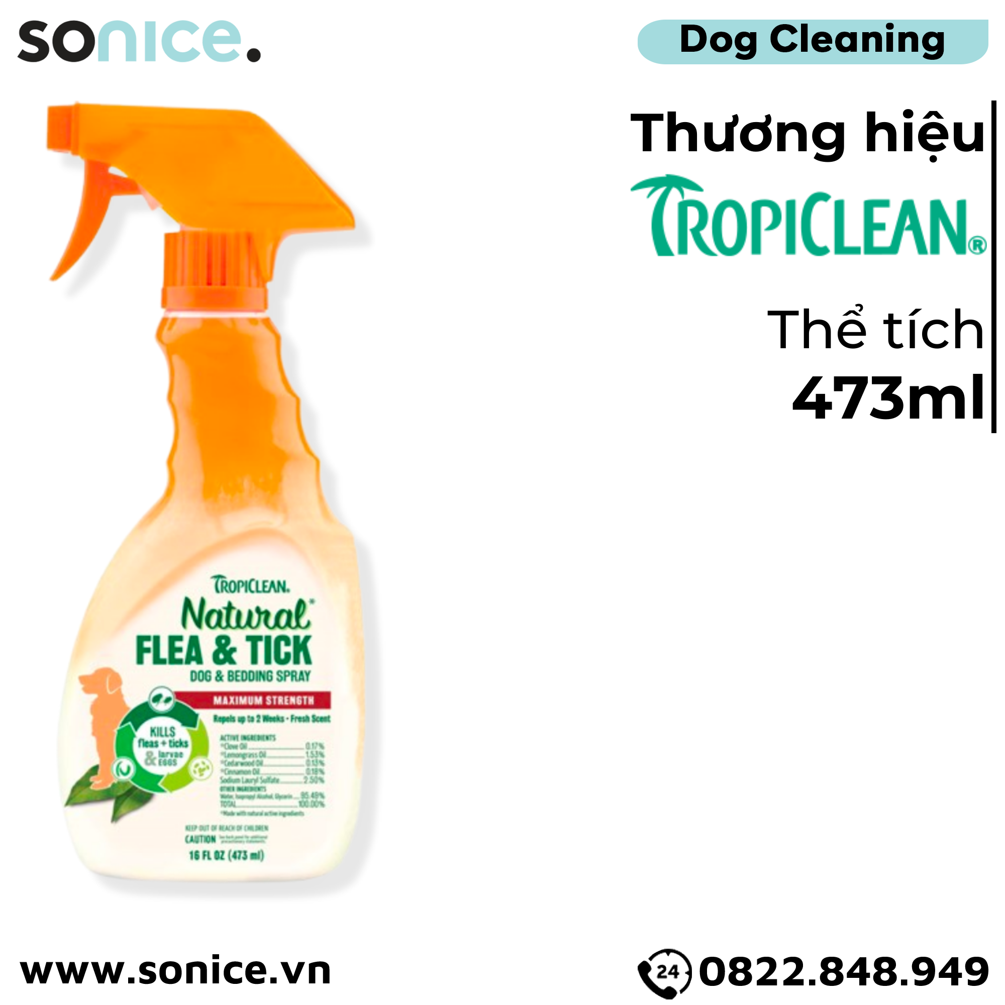  Xịt TropiClean Natural Flea Tick Dog & Bedding Spray 473ml - Diệt ve bọ chét cho chó thành phần tự nhiên SONICE. 