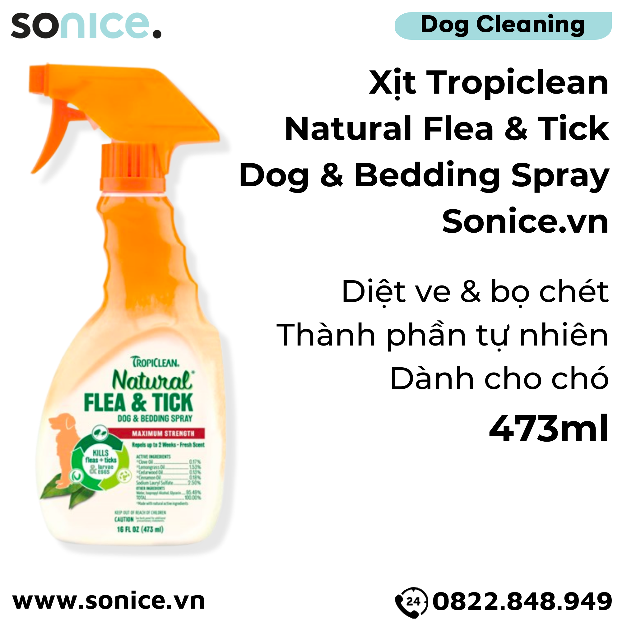  Xịt TropiClean Natural Flea Tick Dog & Bedding Spray 473ml - Diệt ve bọ chét cho chó thành phần tự nhiên SONICE. 