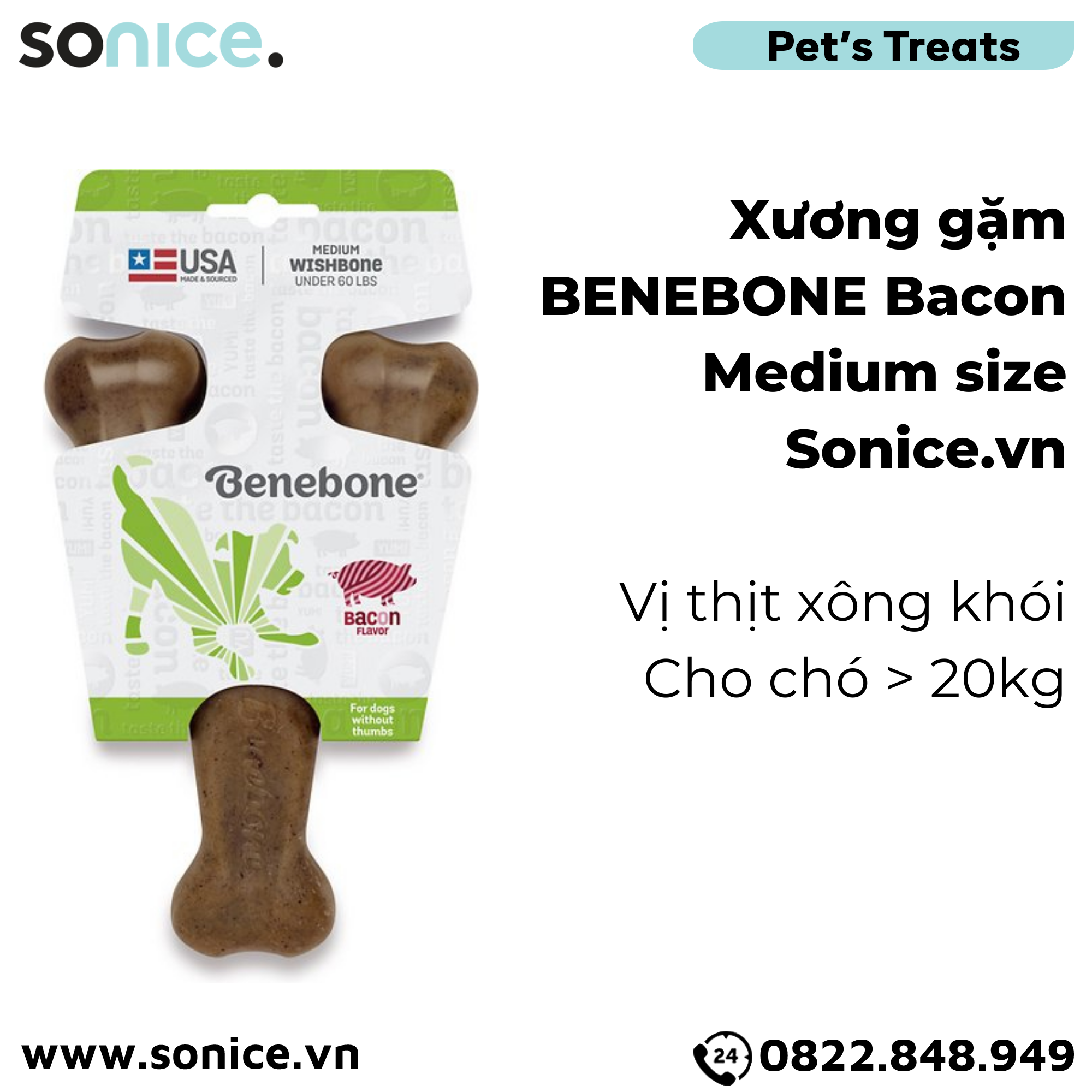  Xương gặm BENEBONE Wishbone Chew Bacon Medium Size cho chó >20kg - vị thịt xông khói SONICE. 